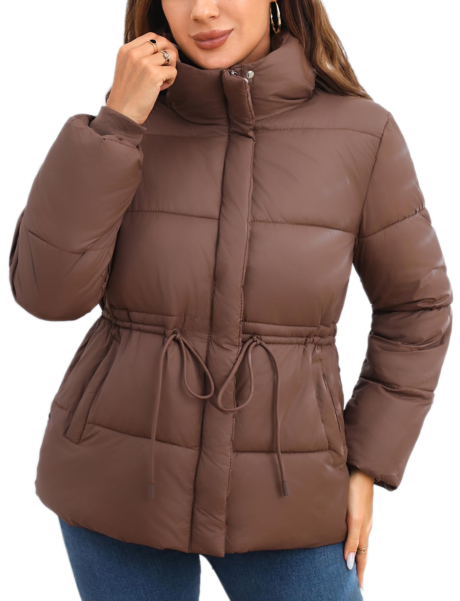 Maeau - Wintermantel Kurzer Kapuze Damen Reißverschluss und Druckknöpfen verstellbaren Kordelzug in der Taille Winterjacke M-3XL