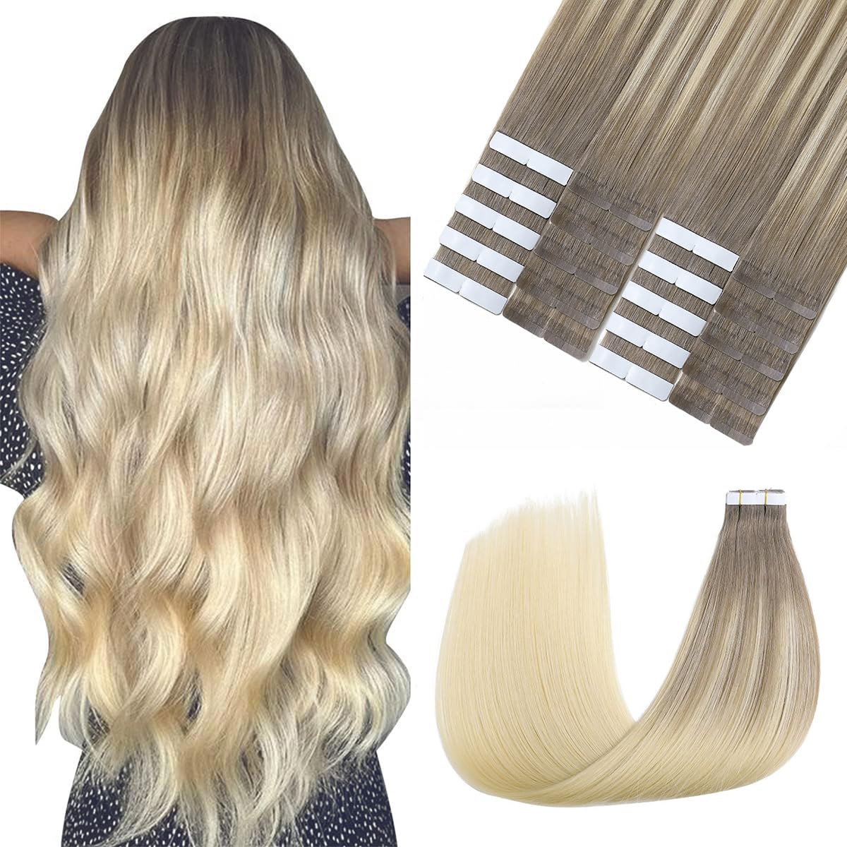 Sindra Tape in Hair Extensions Human Hair Color #8/60 Ash Brown to Platinum Blonde Tape in Extensions Seamless PU Skin Weft 20 Inch 50g #8/60 20inch