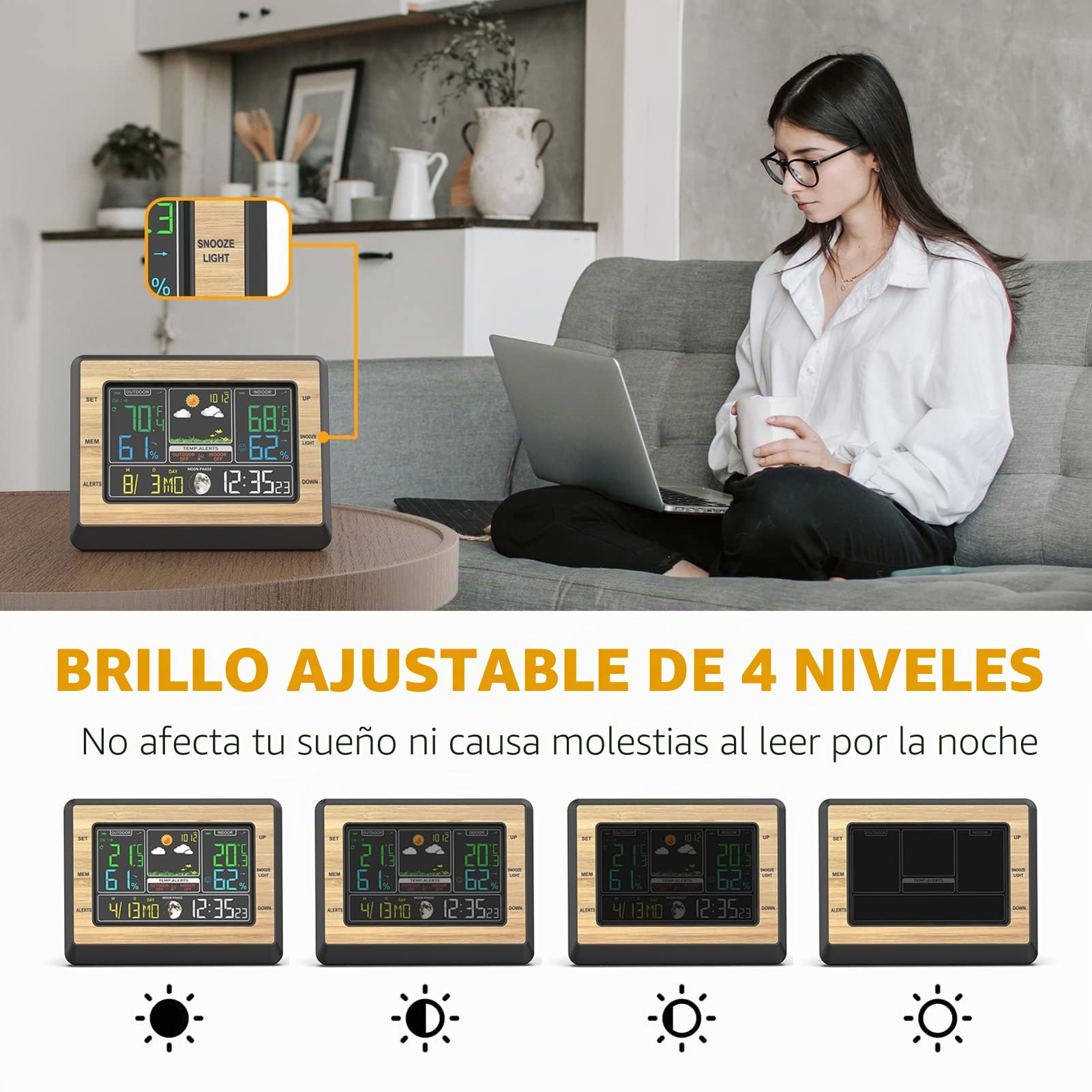 Estación Meteorológica Inalámbrica con Sensor Exterior, Termómetro Higrómetro Barómetro Interior Exterior, Pantalla LCD con Alarma Fecha Pronóstico del Tiempo Fase Lunar Despertador
