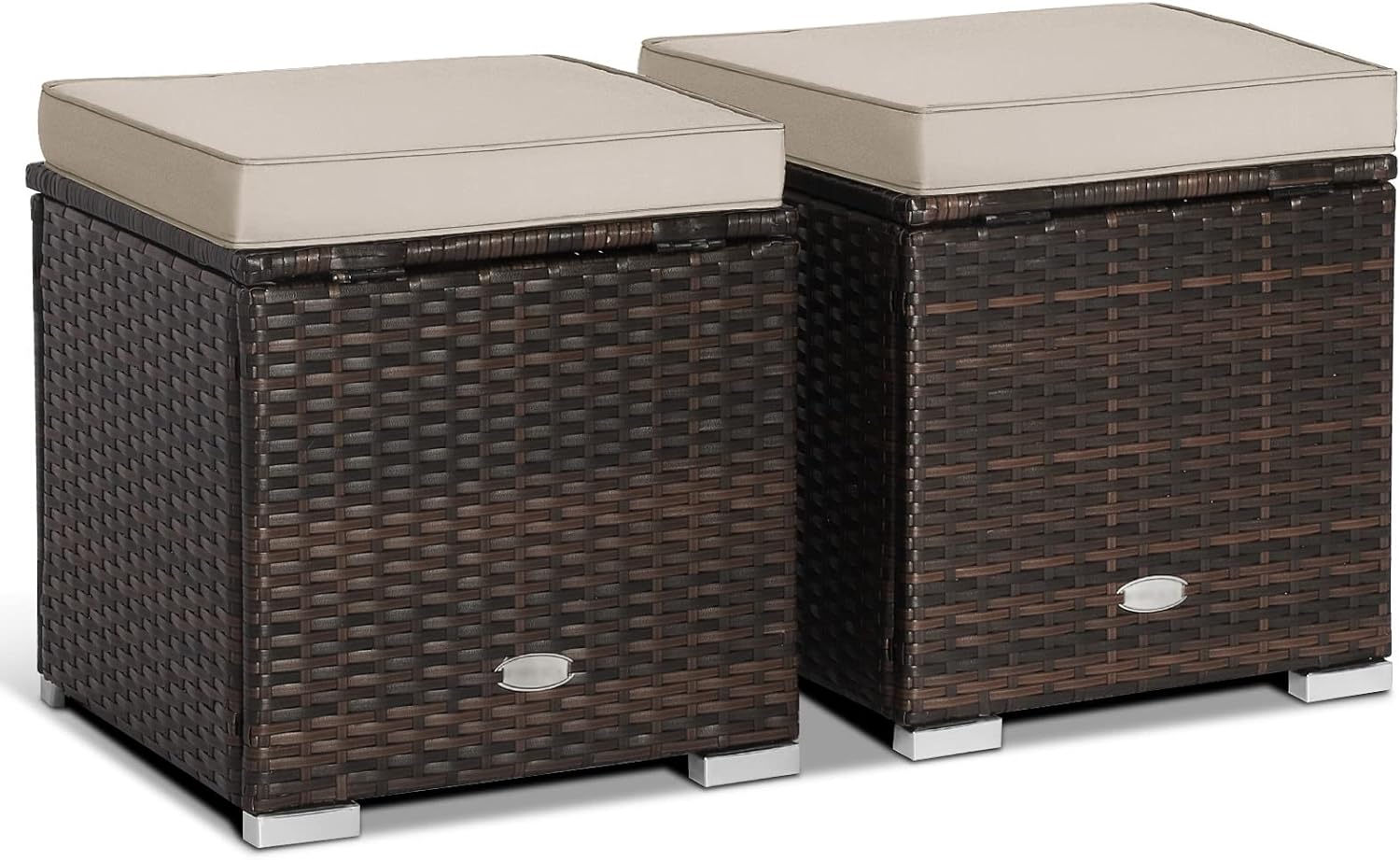 HAPPYGRILL 2-Pieces Patio Ottoman Set Outdoor Wicker Stool with Storage, Rattan Footrest Ottoman with Solid Metal Frame and Cushion for Backyard Poolside Garden Balcony