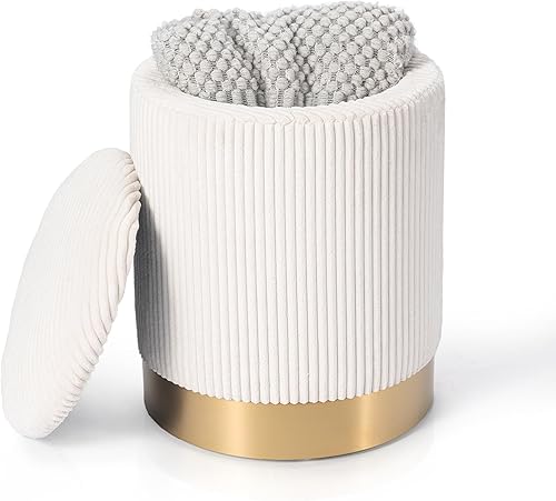 Miniatura 4 de Joveco Boucle - Otomana redonda de almacenamiento con tapa extraíble, taburete pequeño tapizado acolchado para sala de estar, dormitorio, Blanco