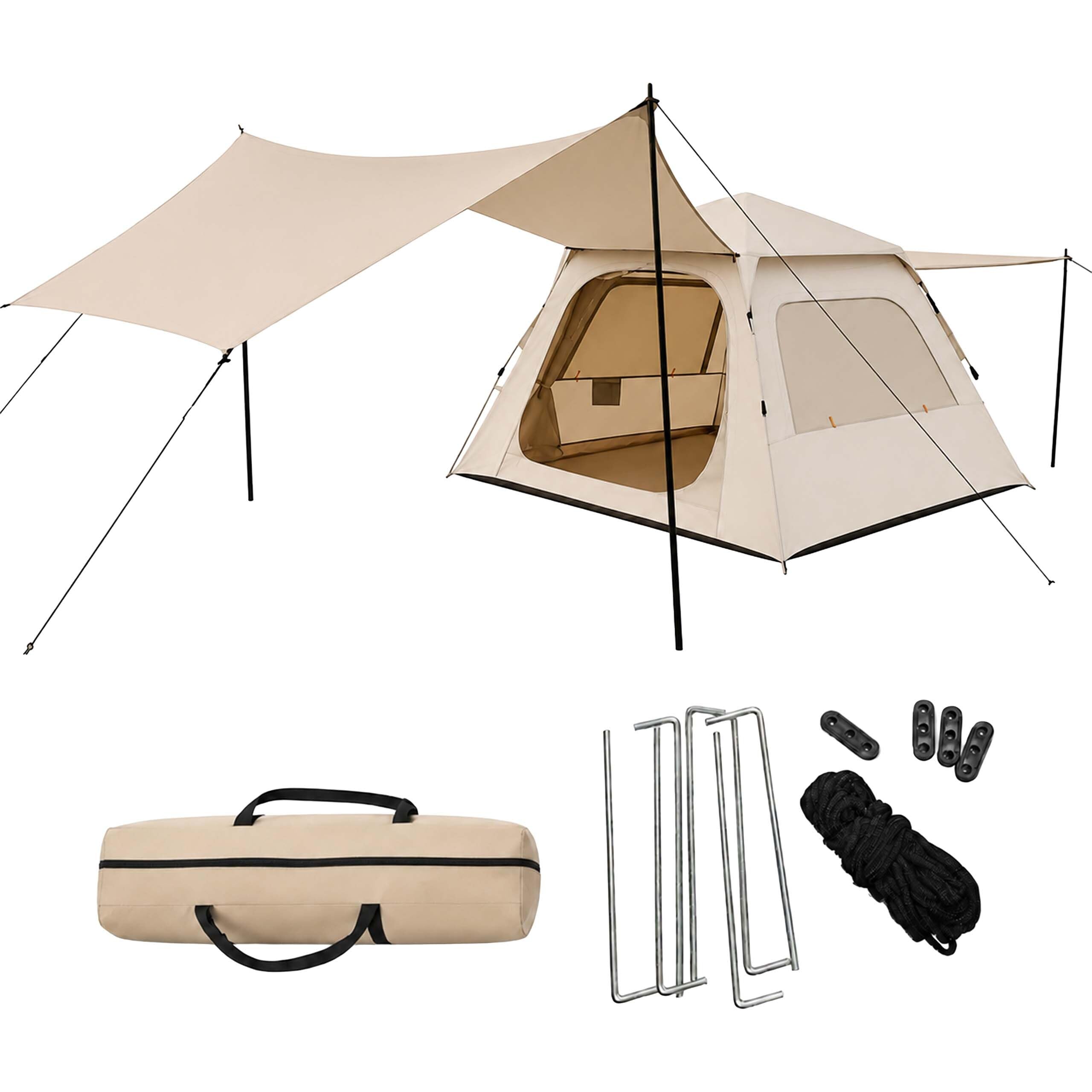 Relaxdays Tienda de campaña automática 3-4 Personas, Beige | montaje rápido, protección UV, con toldo, 155x240x240 cm