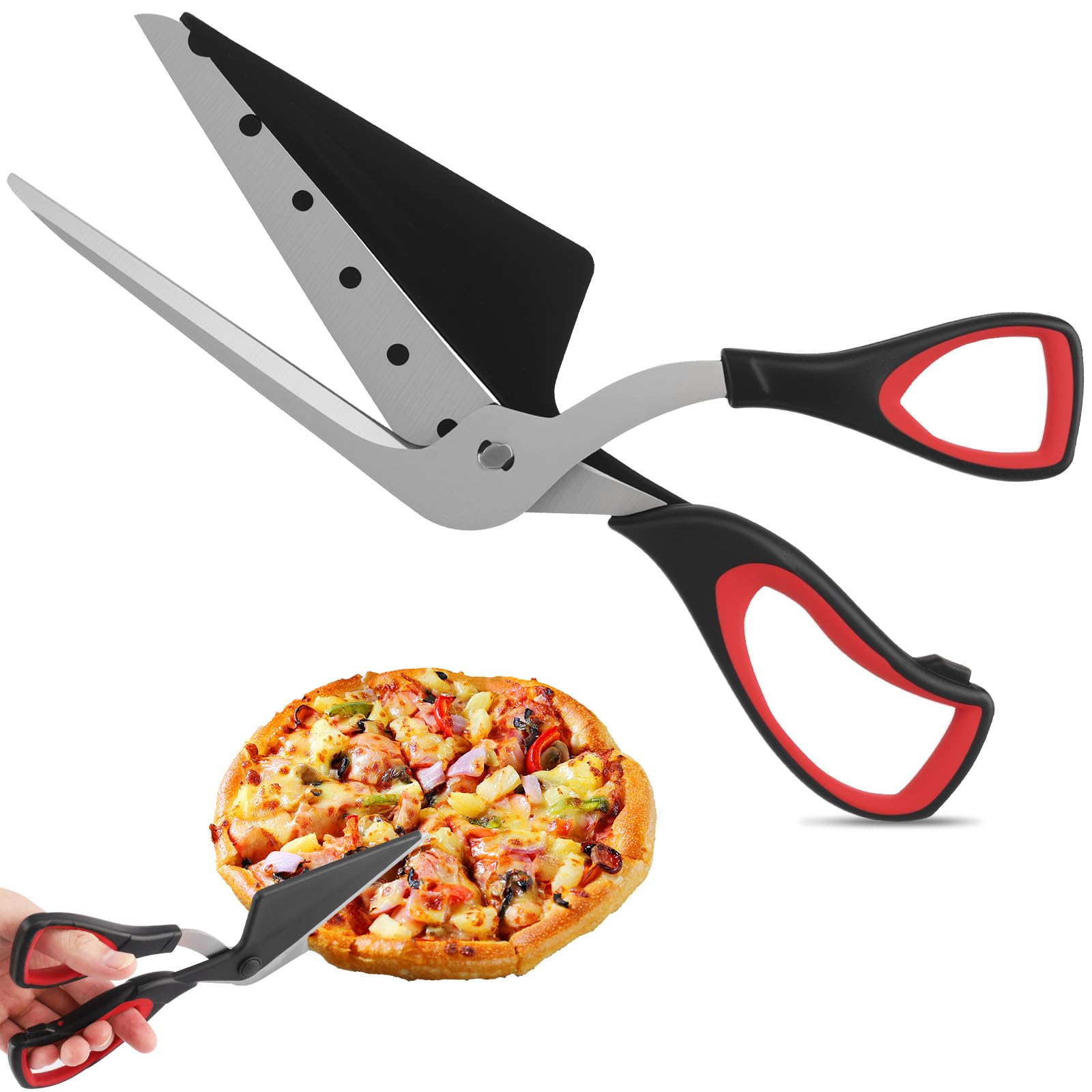Pizza Scissors, 27cm Stainless Steel Pizza Cutter with Shovel, Food Grade Stainless Steel Sharp Blade and Soft Grip Handle, Multifunctional Kitchen Scissors (Black)
