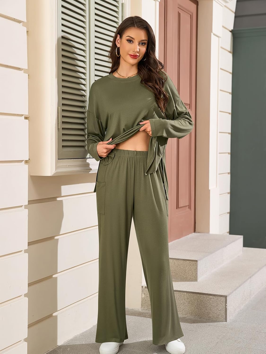 SHEKINI Women's 2 Piece Lounge Sets Long Sleeve Tops Wide Leg Pants Matching Set Loose Comfy Pajamas Set Fall Outfits - Image 4