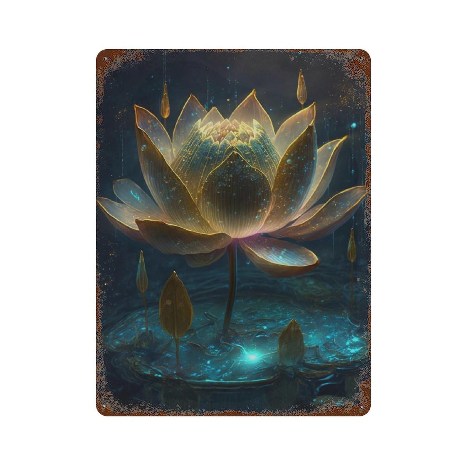 Rust Effect Glowing Lotus Pond Vintage Rust Metal Sign 15.7"x11.8", Old School Wall Decor for Cafe, Home Bar And Lounge Decor