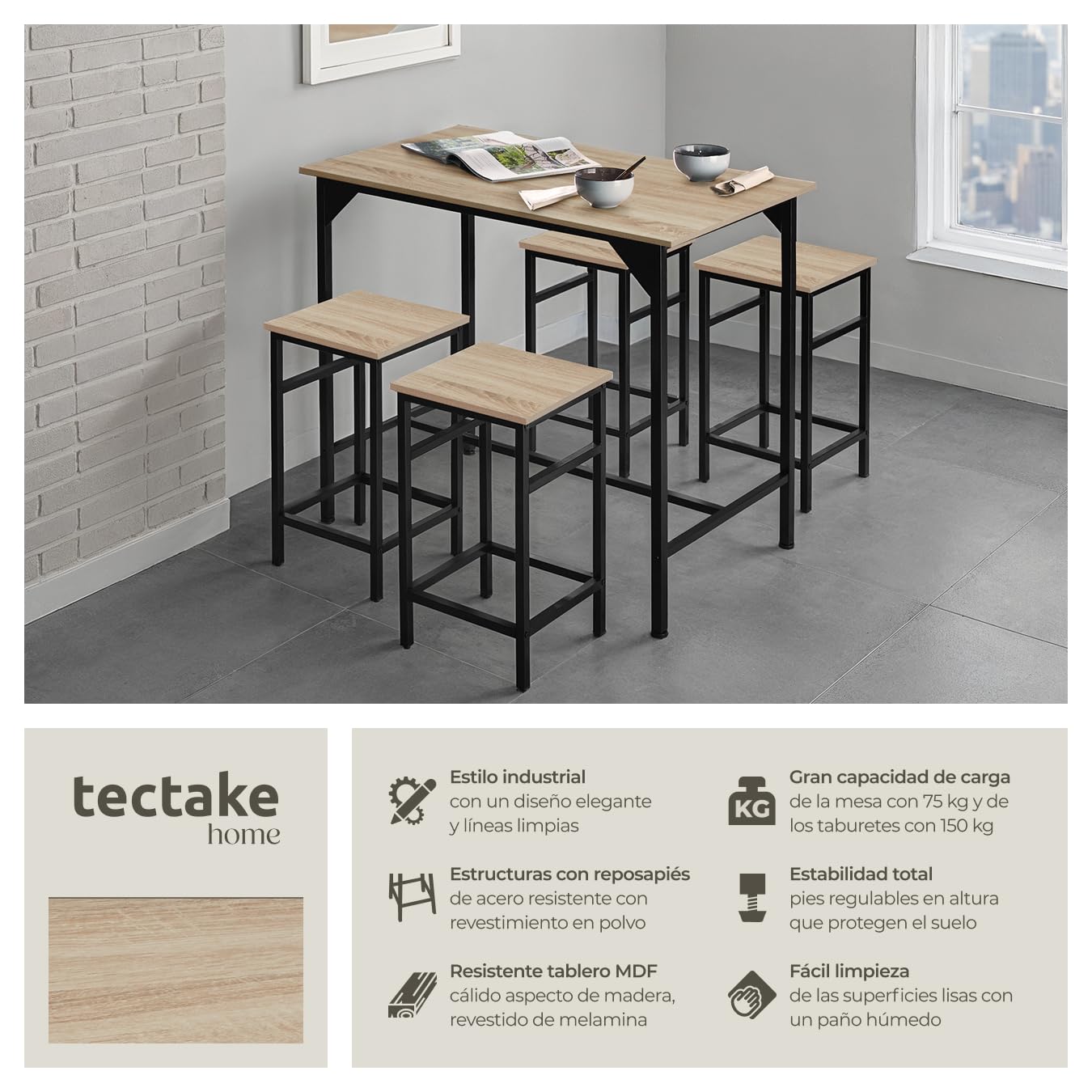 tectake® Mesa Alta de Bar con 4 Taburetes, Mueble de Cocina Estilo Industrial, Diseño Comedor y Mesa Cocina, Muebles de Salon, Taburete - 100 x 124 x 88,5 cm Madera Industrial Clara, Roble Sonoma