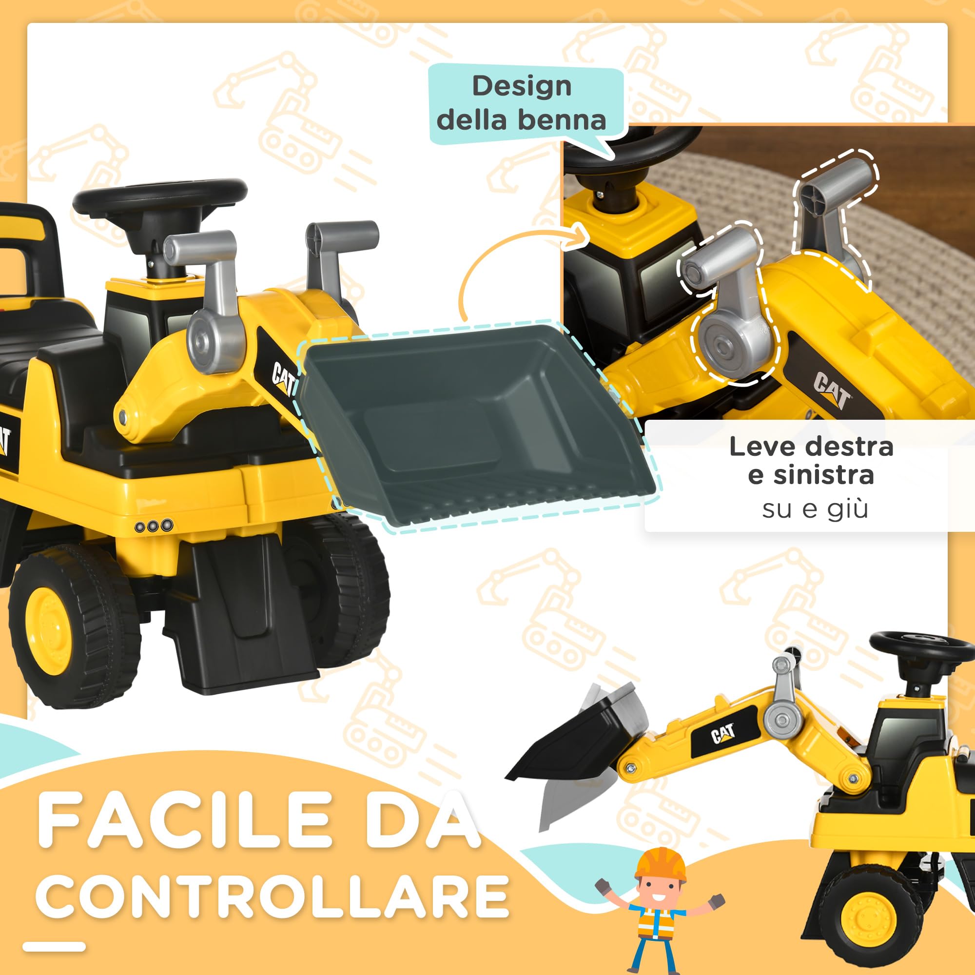 HOMCOM Ruspa Giocattolo per Bambini 18 e 36 Mesi con Licenza Caterpillar e Spazio Portaoggetti, Escavatore Giocattolo Cavalcabile in PP e Metallo con Clacson e Schienale, 78x29.5x54 cm, Giallo e Nero