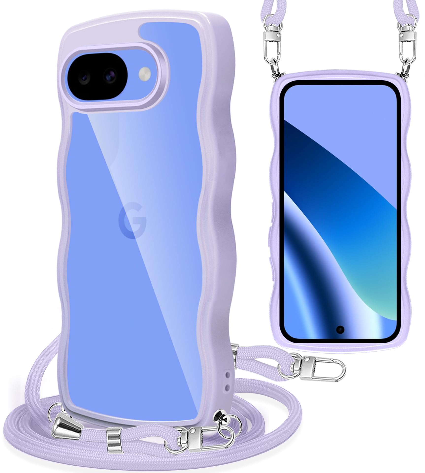 Yuanlai For Google Pixel 10A ケース クリア ショルダー 肩掛け 斜めかけ 波型 かわいい ピクセル 10A スマホケース 耐衝撃 カバー 紐付き 織りストラップ付き ネックストラップ 長さ調整可能 取り外し可能 (パープル)