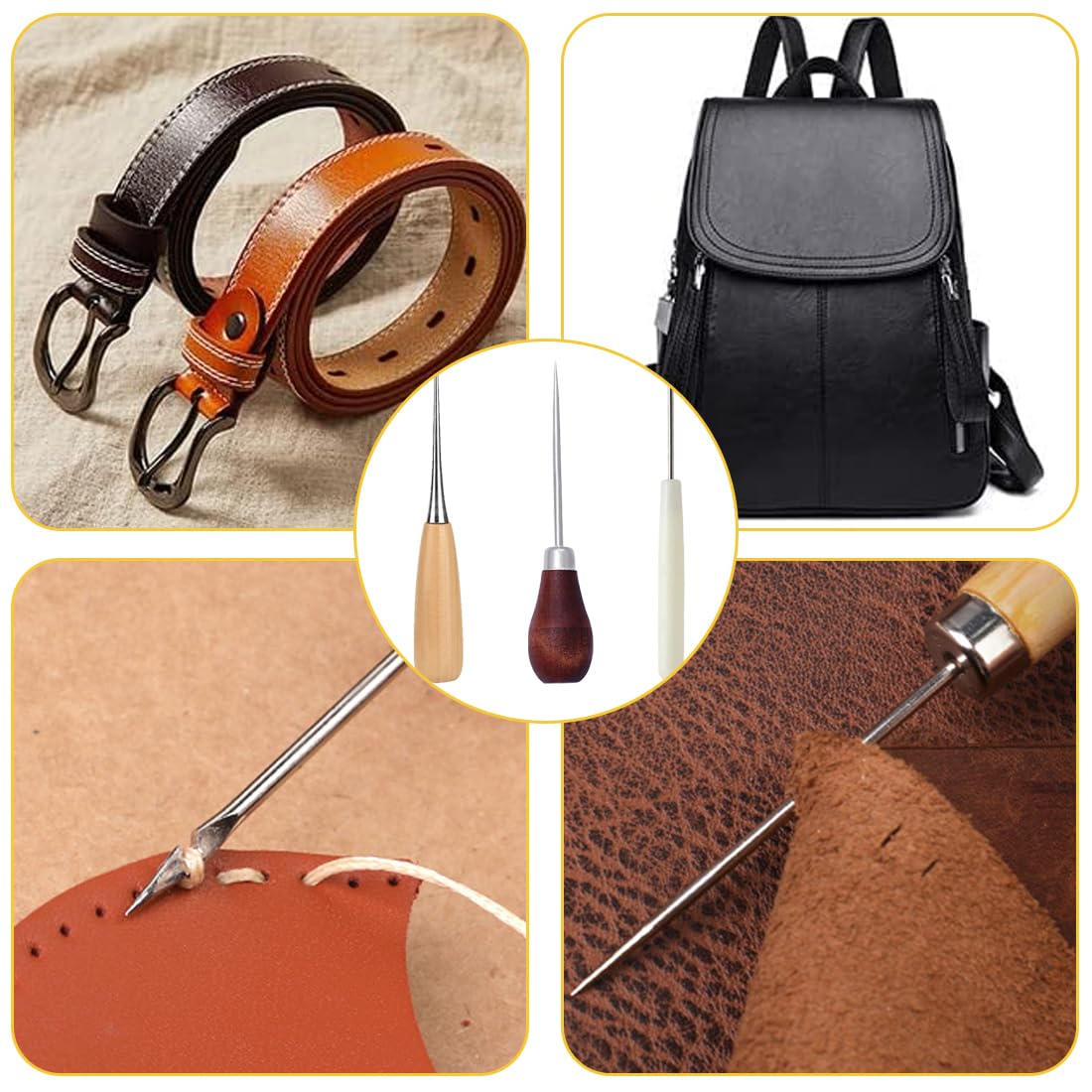 Set 3 Punteruoli Per Pelle - Con Manico In Legno Per Cucito Fai Da Te - Foto 9