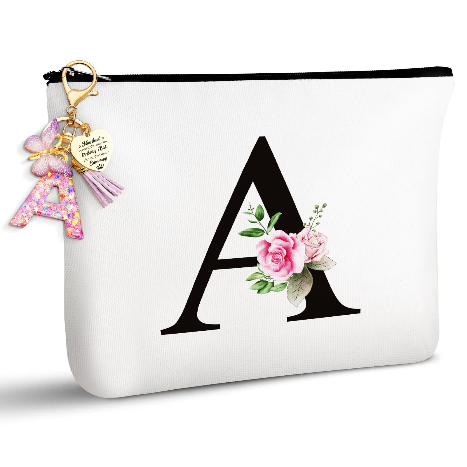 TUZELIYA Personalisierte Buchstaben A Kosmetiktasche mit Schlüsselanhänger - Geschenke für Frauen, Mädchen, Mütter, Beste Freundinnen und Brautjungfern - Geburtstagsgeschenke