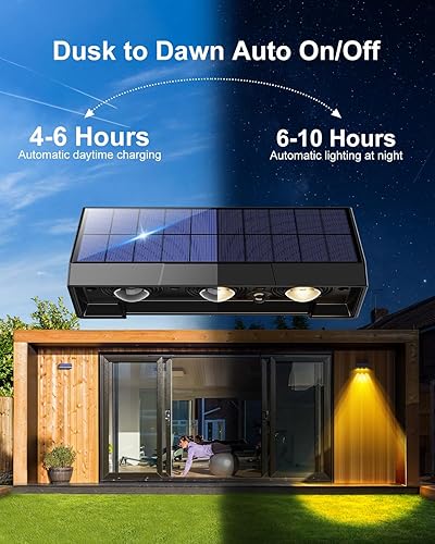 Miniatura 7 de GVSHINE Luces solares para valla al aire libre, impermeables, paquete de 8 luces solares de pared de 3 lentes para exteriores, 5 modos de luz blanca