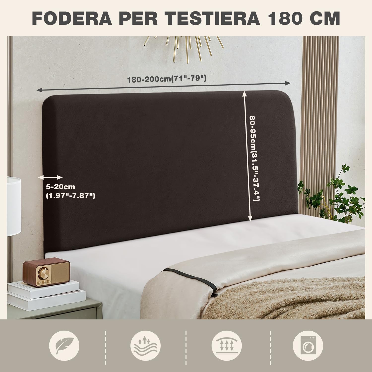 TAOCOCO Copri Testiera Letto, Testiera Letto Matrimoniale, Copritestiera Elastico, Morbido Tessuto Velour Stretch, Lavabile, Design All-In-One, Cioccolato, 180-200cm