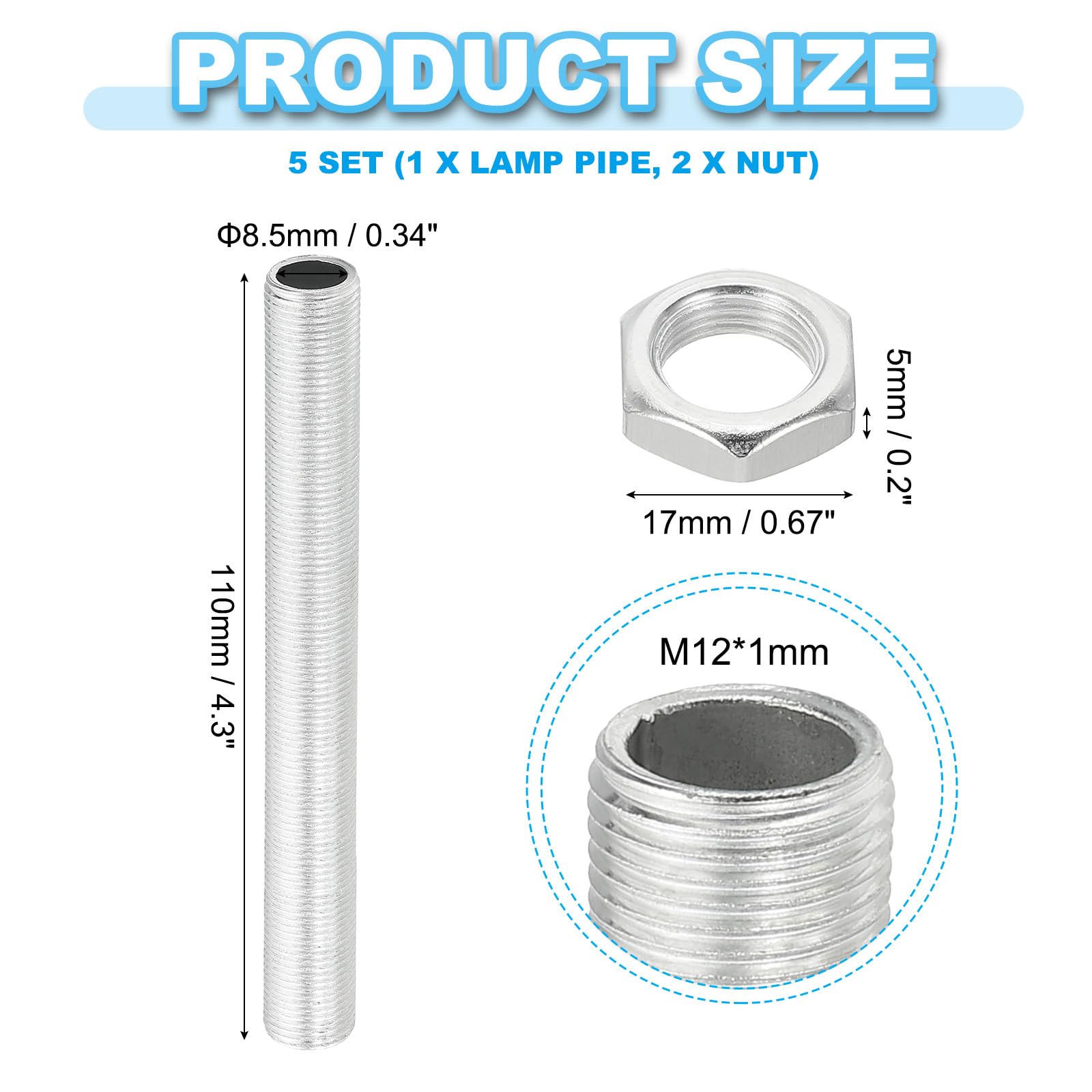 PATIKIL M12 Thread 110mm/4.3" Lamp Pipe Kit with Lock Nuts - Image 2