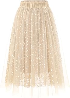 Sequin Midi Tulle Skirts for Women, Aline Elastic High Waist Long Christ...