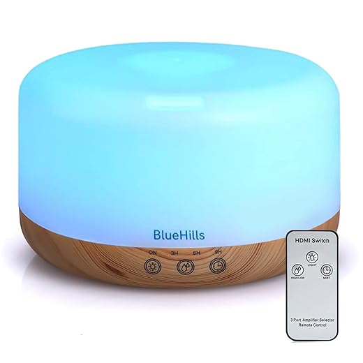 BlueHills Premium 1000 ML XL Essential Oil Diffuser Aromatherapy Humidifier with Remote Timer for Large Room Home 18 Hour Run Huge Coverage Area 1 Liter Mood Light Extra Large Capacity Wood Grain D004