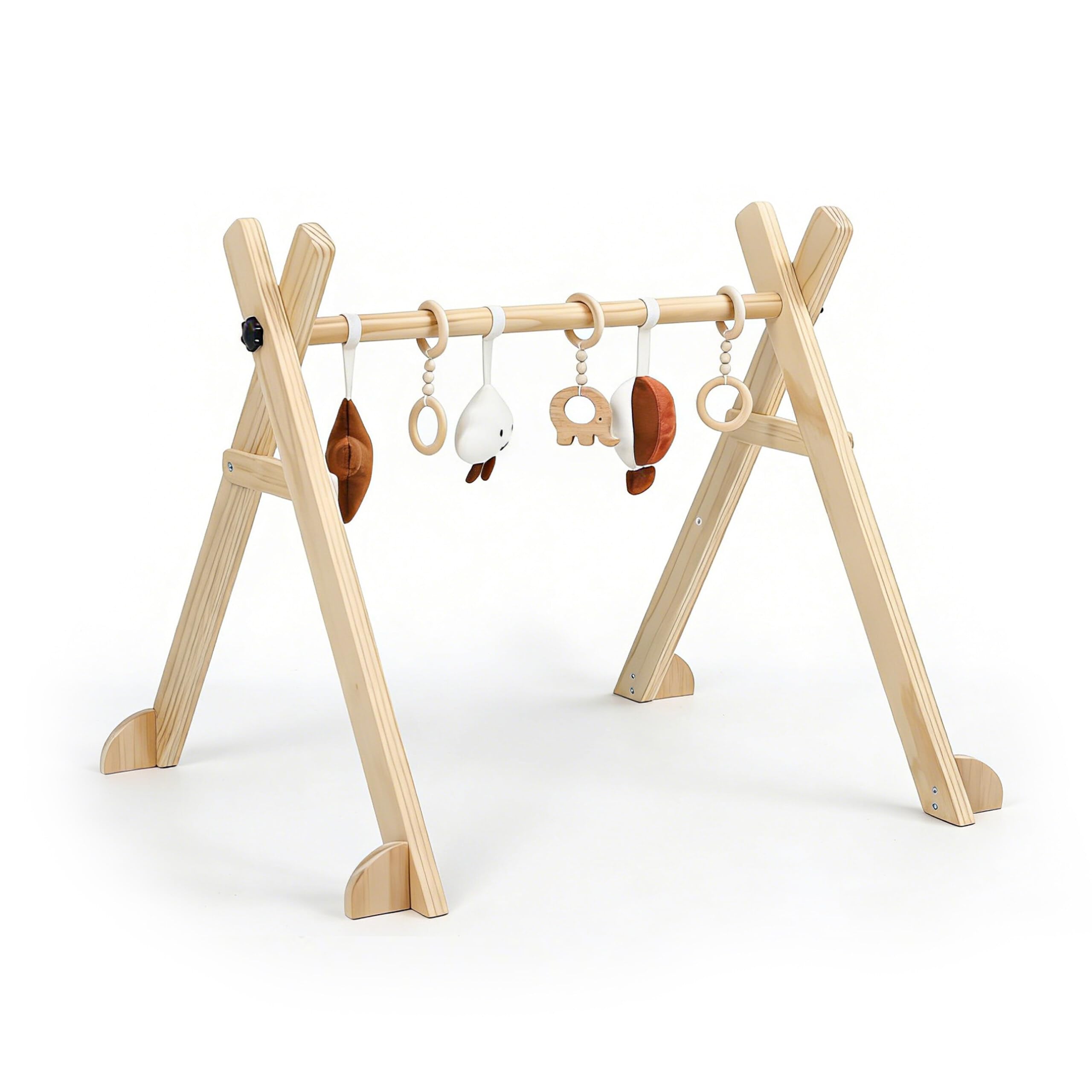 Relaxdays arco de juegos madera, 6 colgantes extraíbles, natural | 55 x 68 x 59,5 cm, fomenta motricidad, Baby gym
