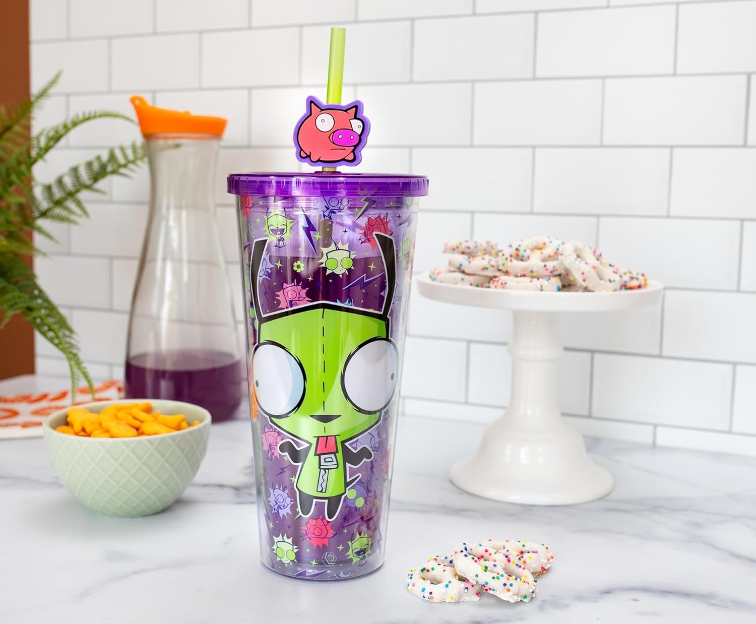 Silver Buffalo Invader Zim Gir Pattern Plastic Cold Cup with Lid and Straw Topper, 24 Ounces - Image 9