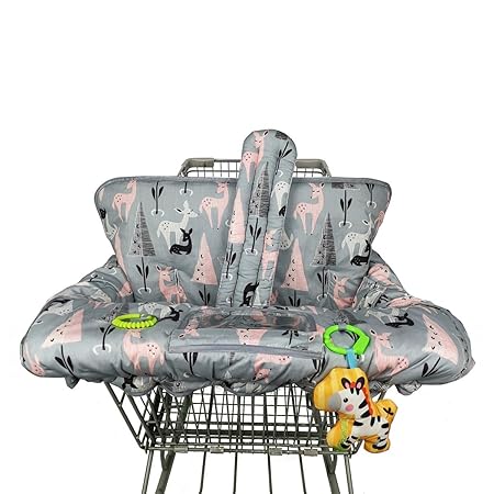 Shopping Cart Cover for Baby with Split Padded Cushion, Cotton Sitting Area, Infant High Chair Cover, Reversible, Machine Washable, Boy or Girl Large (Grey Pink Deer)