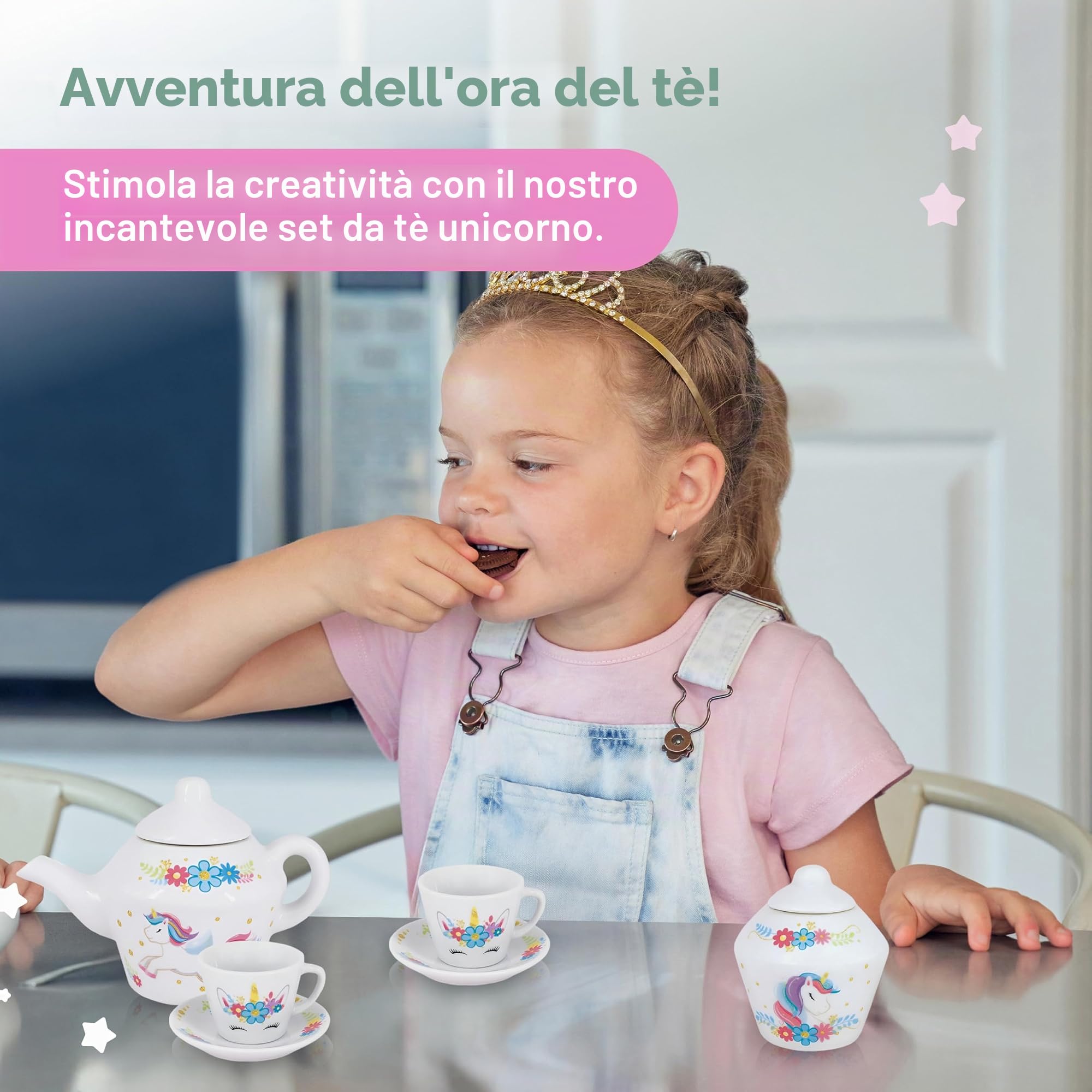 Jewelkeeper Set da tè in porcellana per bambine - Giocattolo da tè, Tazze da tè in ceramica rosa con scatola rosa - Regalo per bimbi di 3 anni - Design Unicorno, 13 pezzi