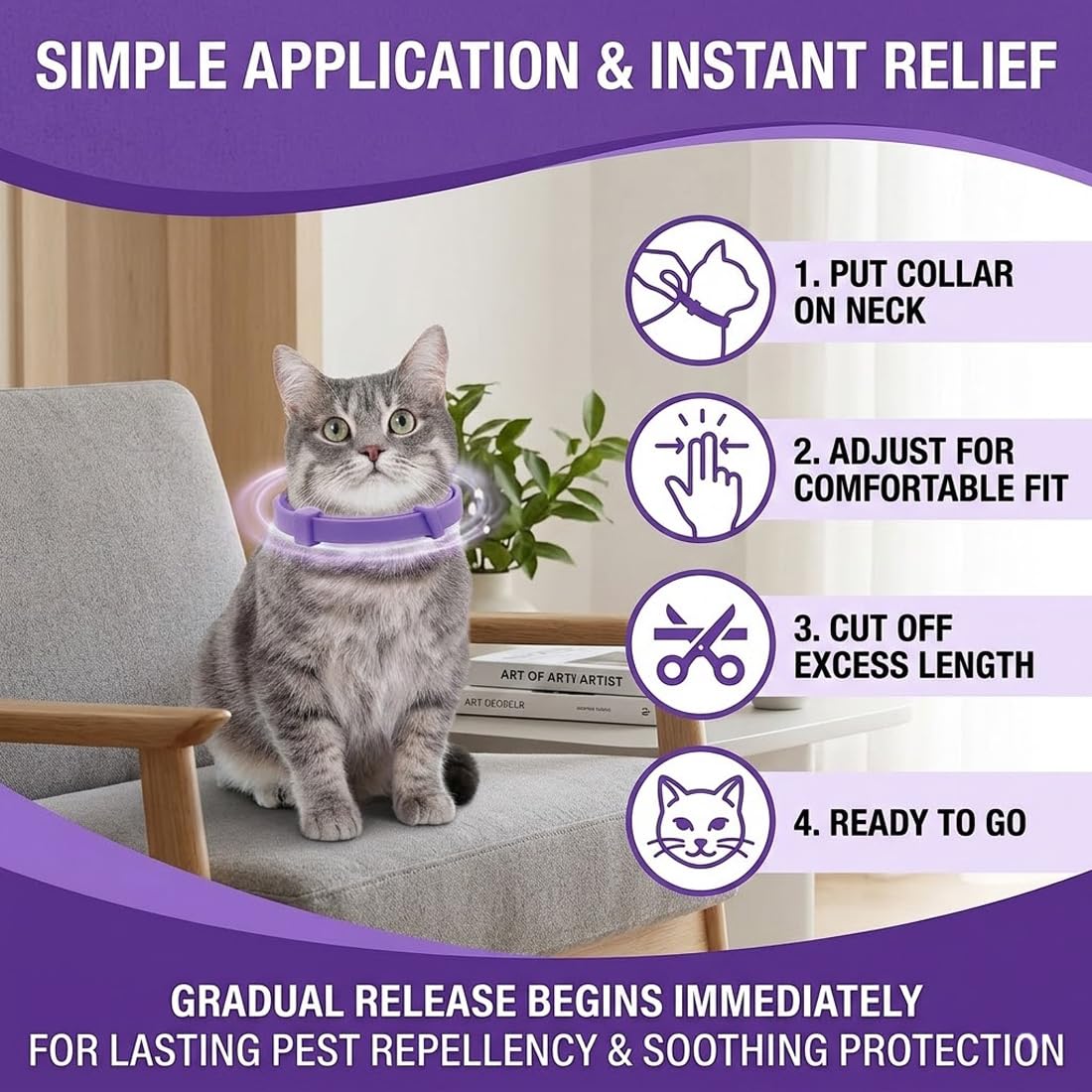 Pack de 2 Collares Calmantes Gatos y Perros, Antiestrés Ajustable y Impermeable, Feromonas, Tranquilizante, Reduce Ansiedad, Seguro para Mascotas Pequeñas, Medianas y Grandes (Violetas)