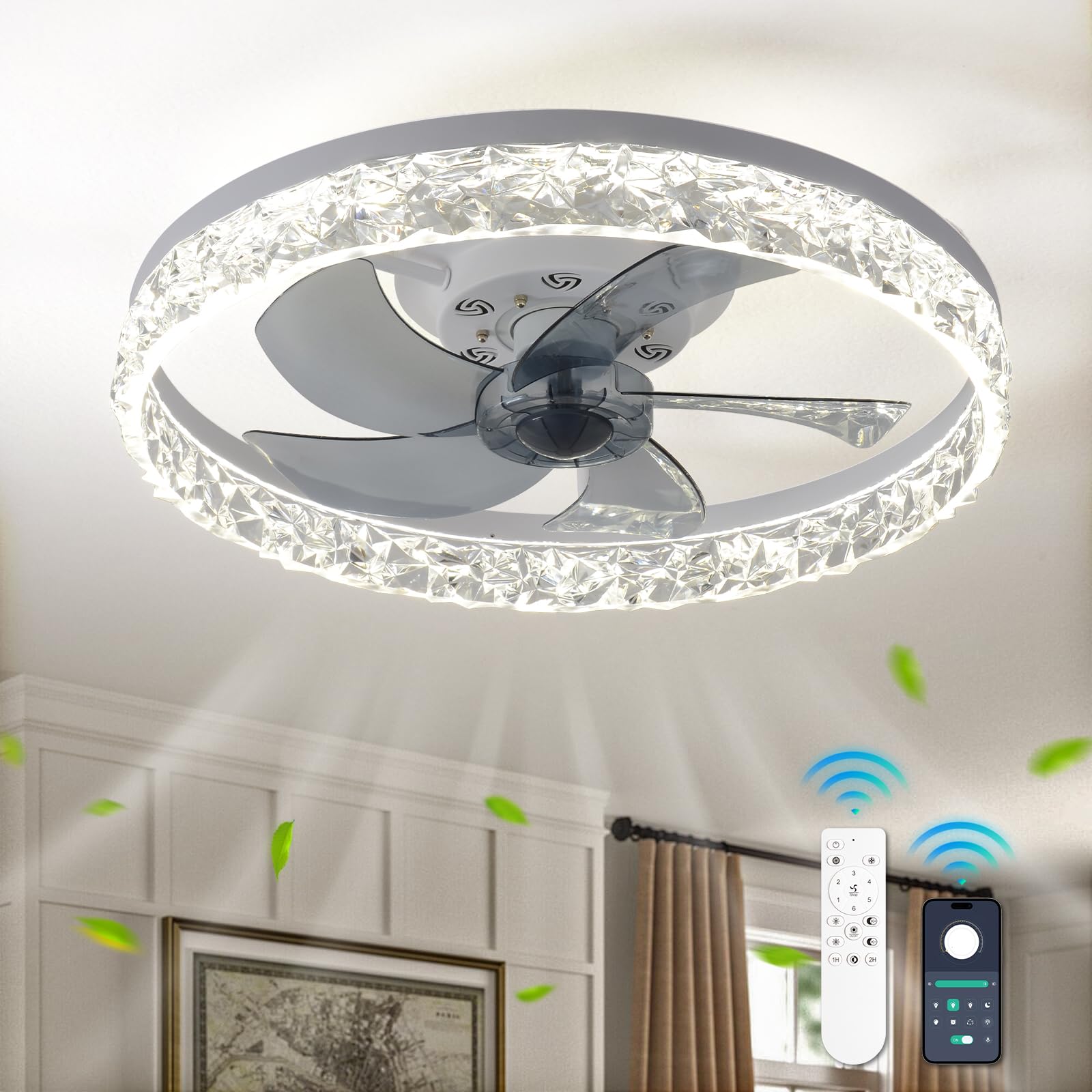 20" Modern LED Ceiling Fan with Lights Dimmable Acrylic Dimmable Low Profile Ceiling Fan Flush Mount Bladeless Chandelier Fan Stepless Color Temperature Change and 6 Speeds (White)