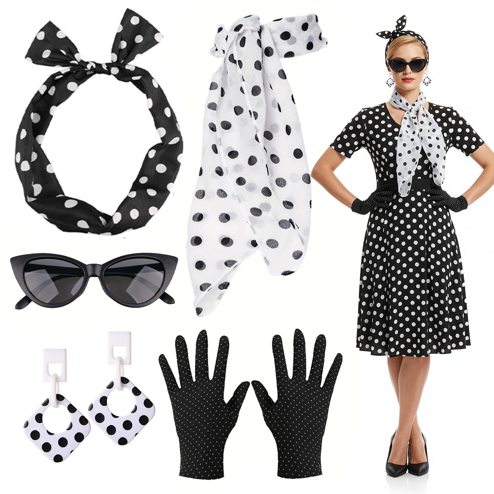 7-Piece Rockabilly Accessories Women's 50s Costume Outfit Women's Set with Chiffon Scarf Gloves Polka Dot Headband Sunglasses Earrings 50s Dress Accessories for Carnival Retro Party