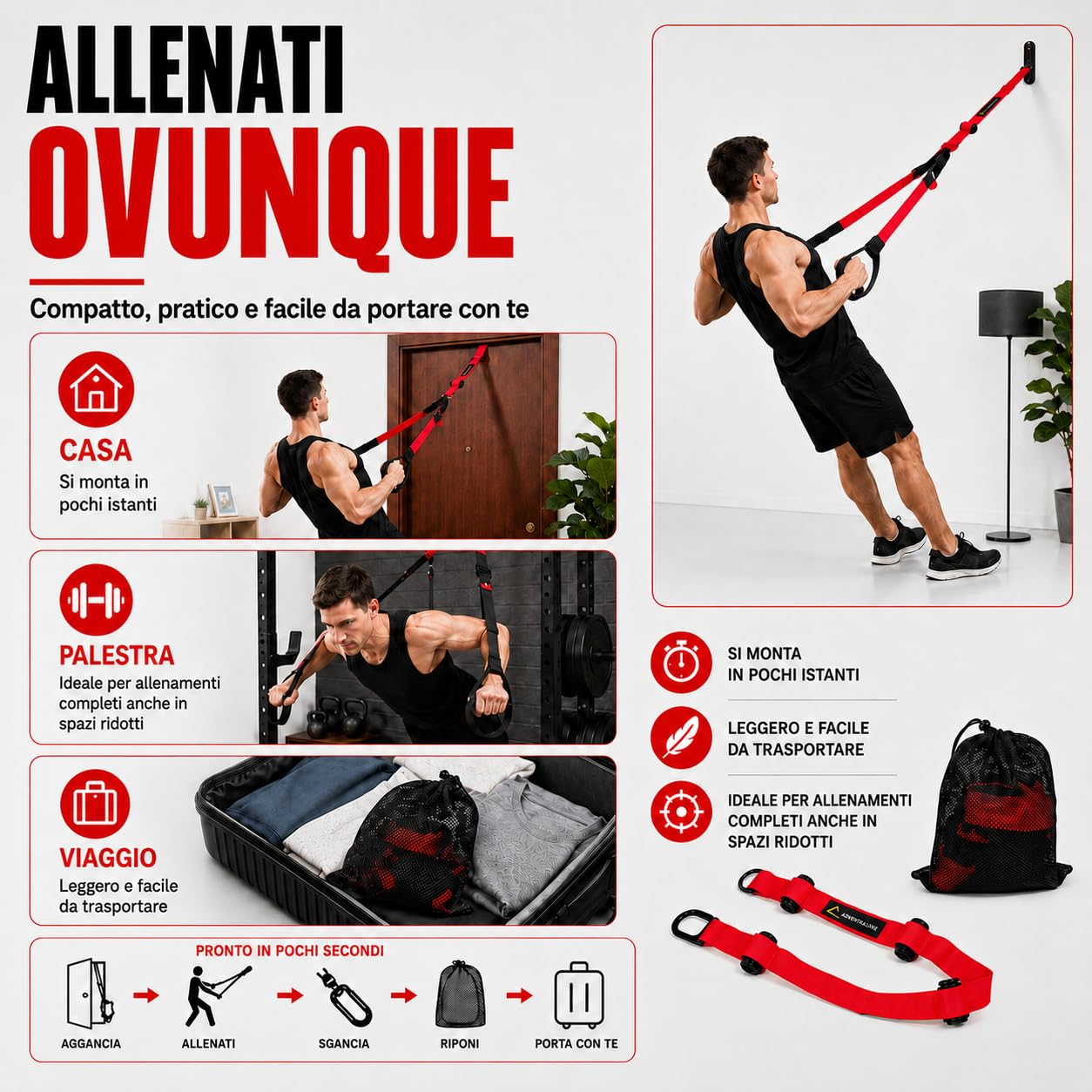 Suspension Trainer Adrenaline per Allenamento in Sospensione, Cinghie Regolabili 140-190 cm con Door Anchor, Supporto a Muro e Sacca, Attrezzo Fitness per Corpo Libero, Home Gym e Functional Training