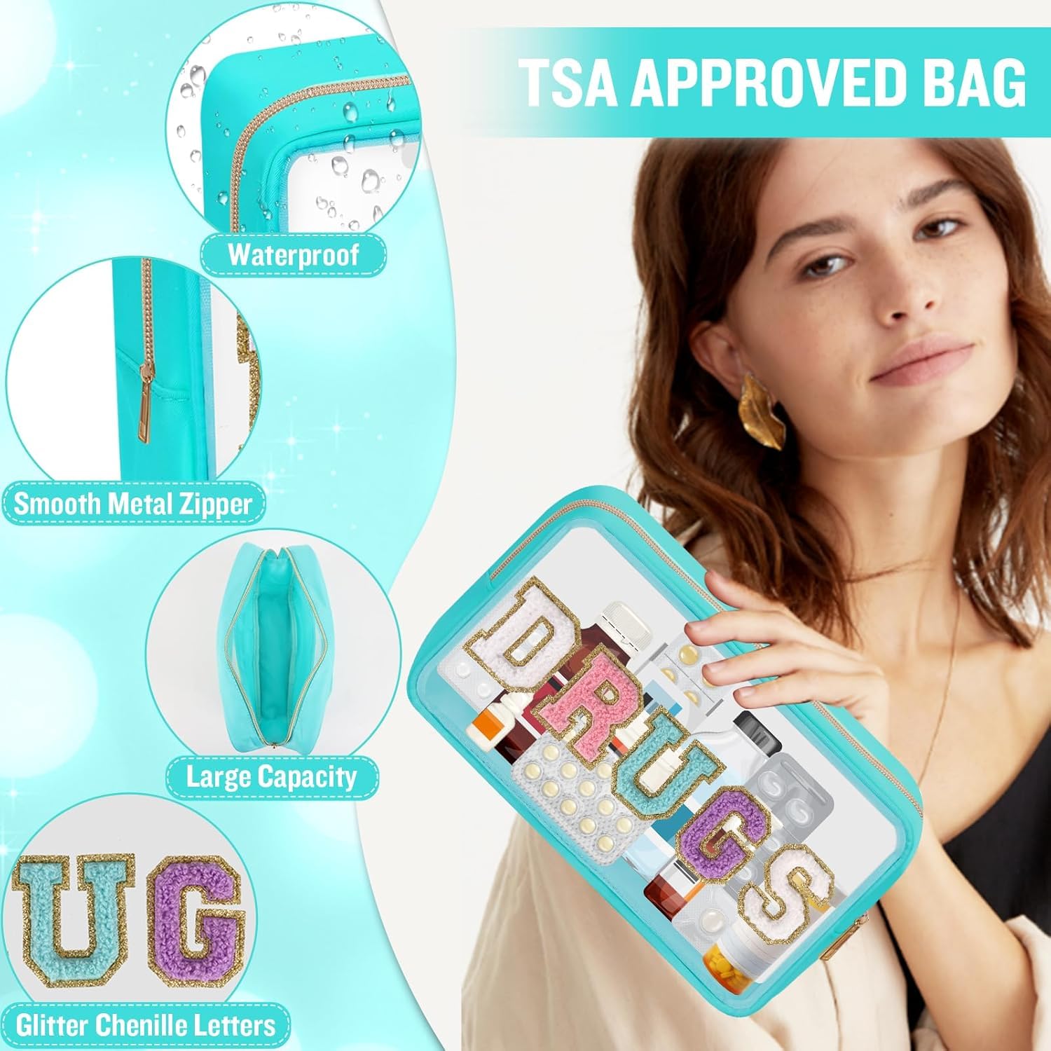 Bolsa de Aseo de PVC, Bolsa de cosméticos Transparente con Letras de Chenilla, Bolsa de Maquillaje Transparente, Bolsa Grande con Cremallera for Medicina de Viaje, Nailon Multicolor