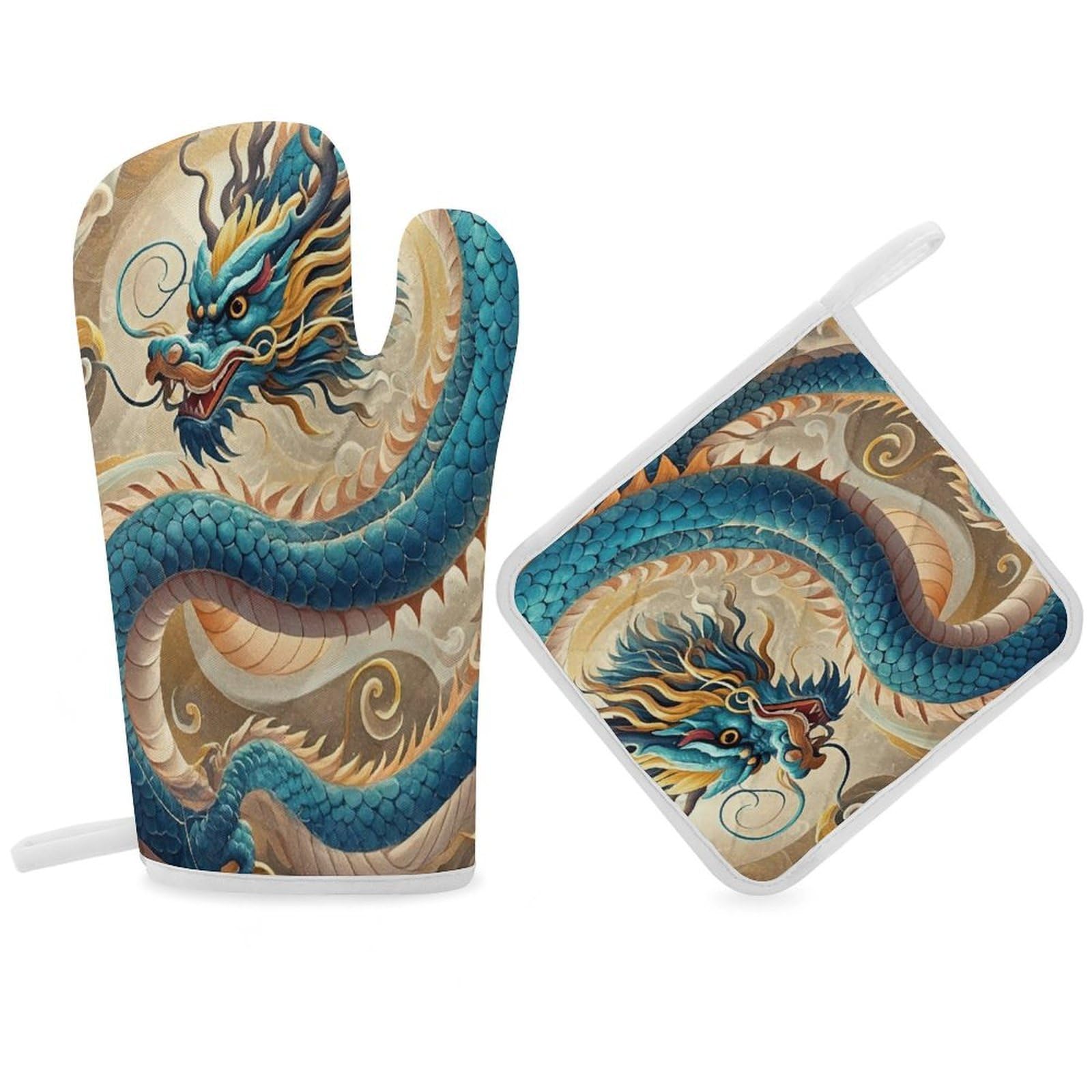 Dragon Oven Mitt Gloves and Heat Insulation Pads Double-Layer Thickened Heat Insulation Mitt Temperature Oven Gloves for Cooking Baking Grilling