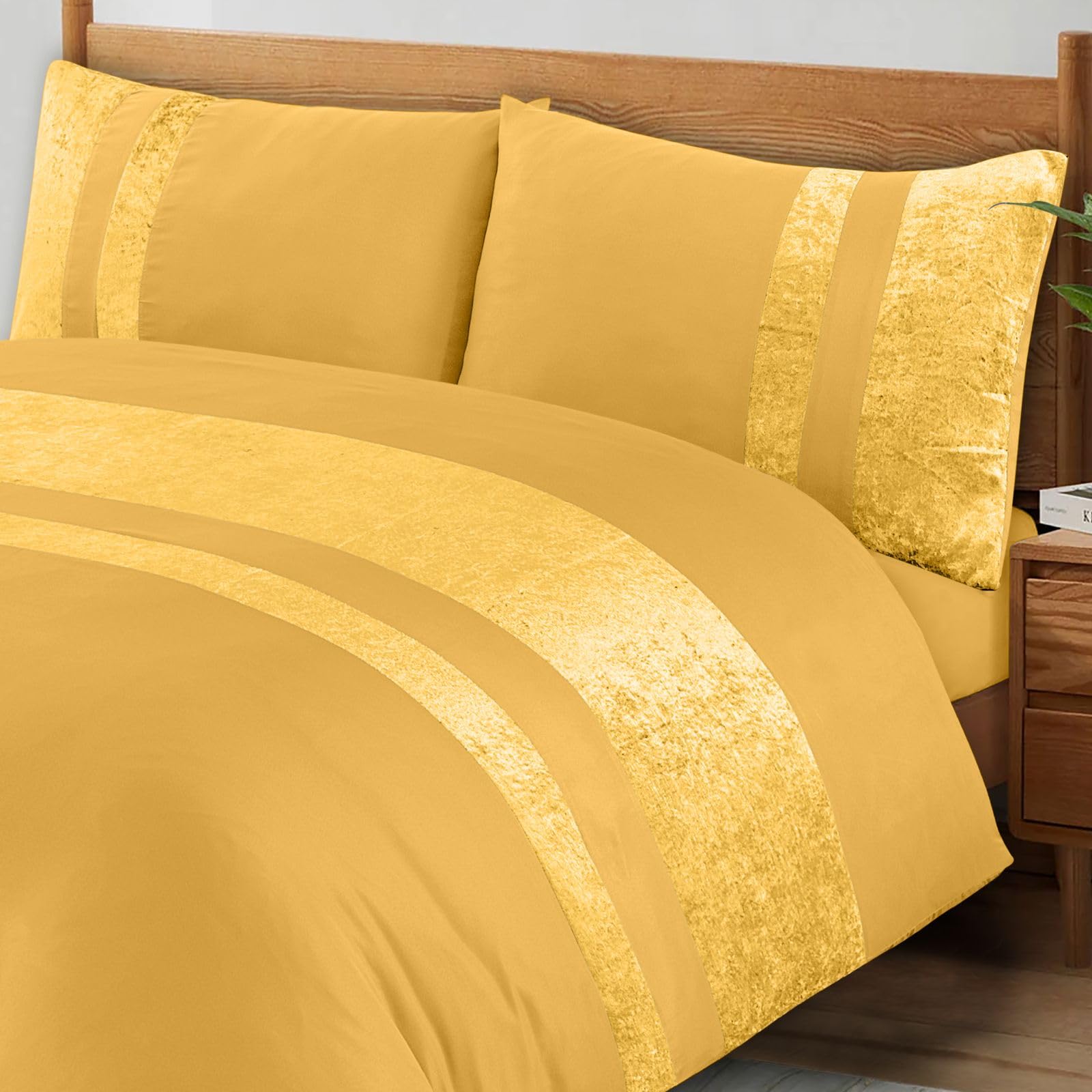 Casabella Luxury Crushed Velvet Panel Band Duvet Cover Sets with Pillow Case Bedding Set – Ochre Crush Velvet Single Duvet Set