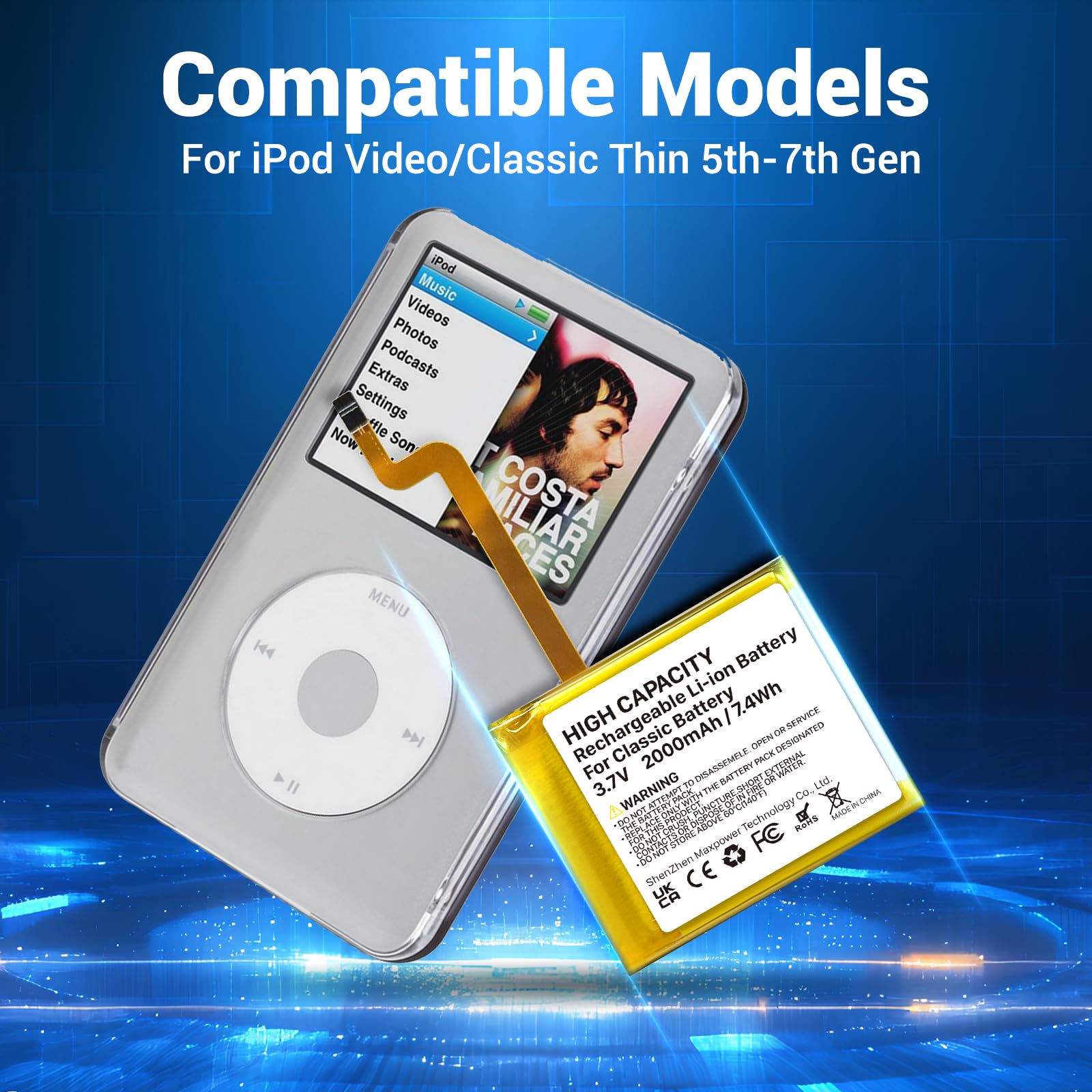 PFHL 2025 New Version, 2000mAh High Capacity Li-ion Square Replacement Battery for iPod Video/Classic Thin 5th-7th Gen