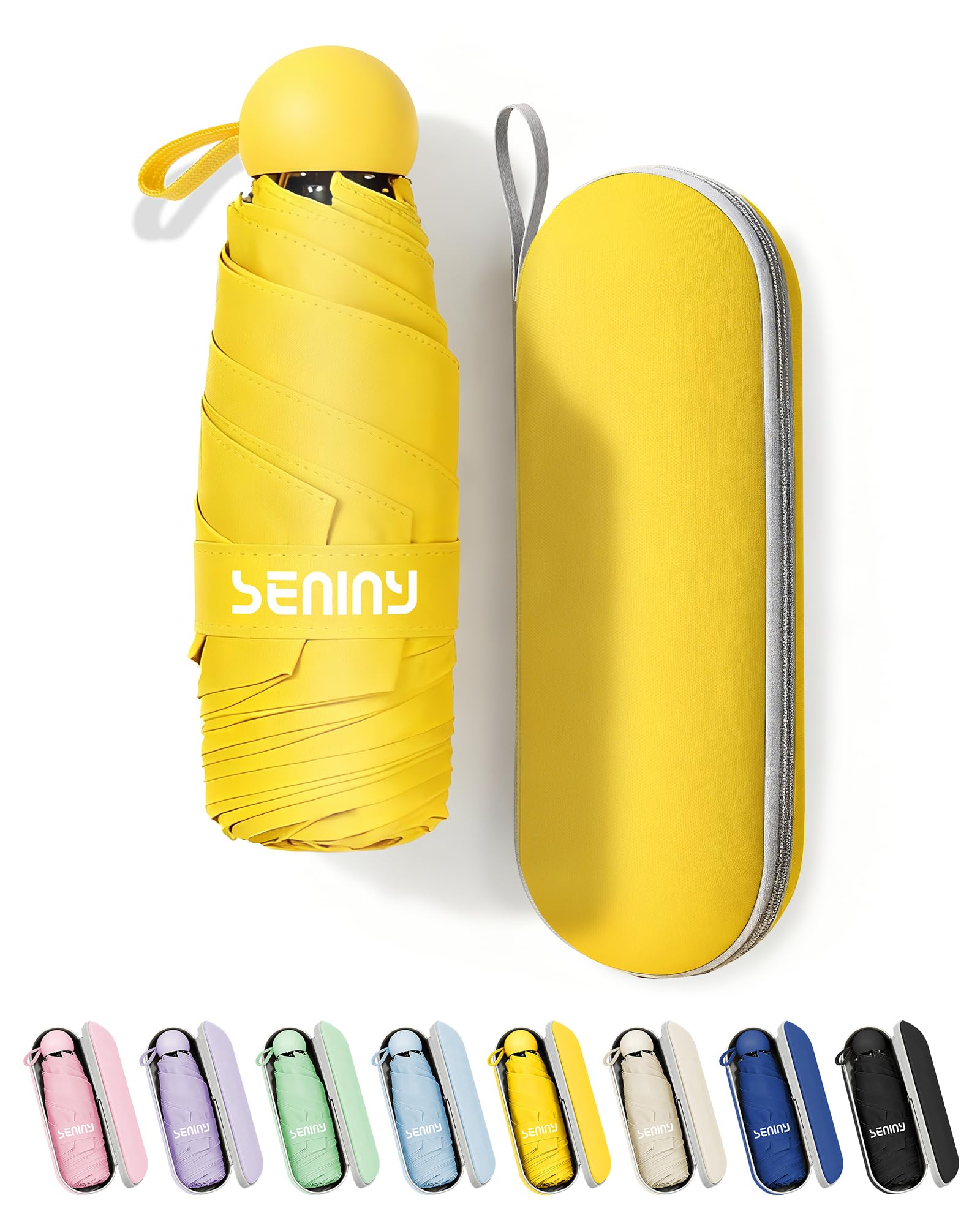 Seniny Mini Travel Umbrella with Case, Compact Pocket Size UV Sun & Rain Yellow