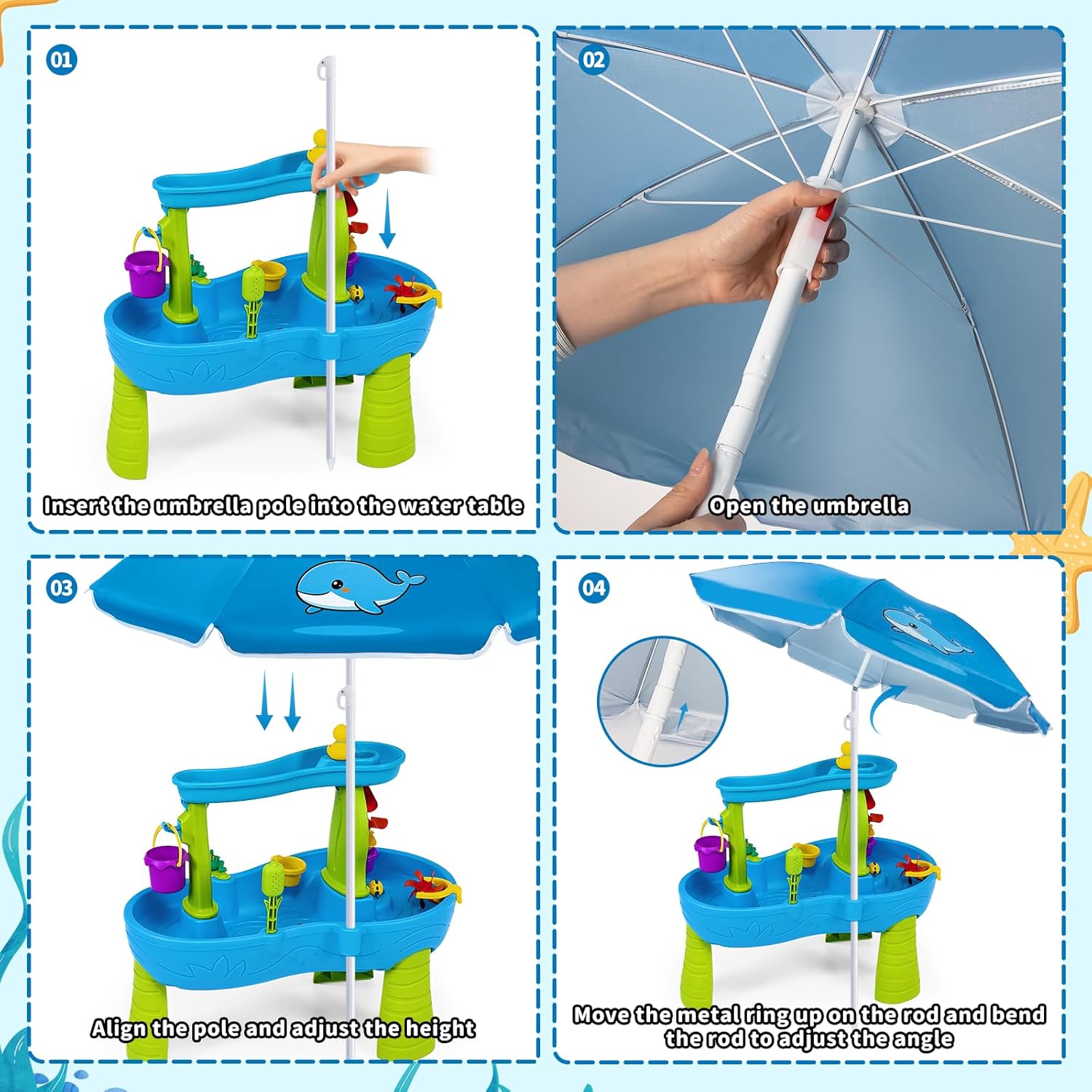Lettry Adjustable Water Table Umbrella, Silver-Coated 40 Inch Portable Outdoor Umbrella, Sun Shade for Beach Sand Play Camping Picnic Tables Garden Patio, Lightweight Durable (Blue)