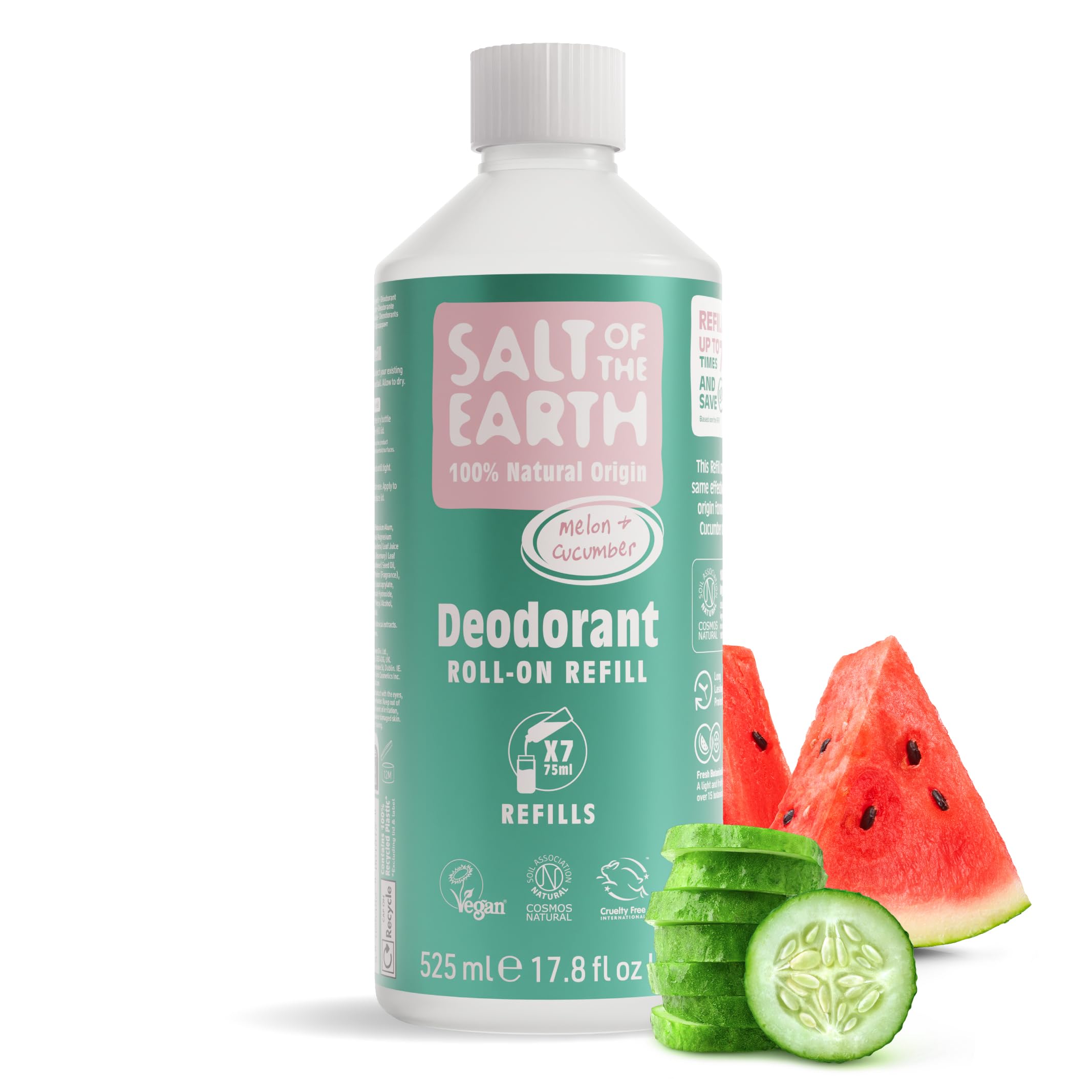 Salt of the Earth - Natural Deodorant Roll on Refill - x7 Uses - Melon & Cucumber - 100% Natural Origin Ingredients - Vegan - Suitable for Men, Women & Children - 525ml