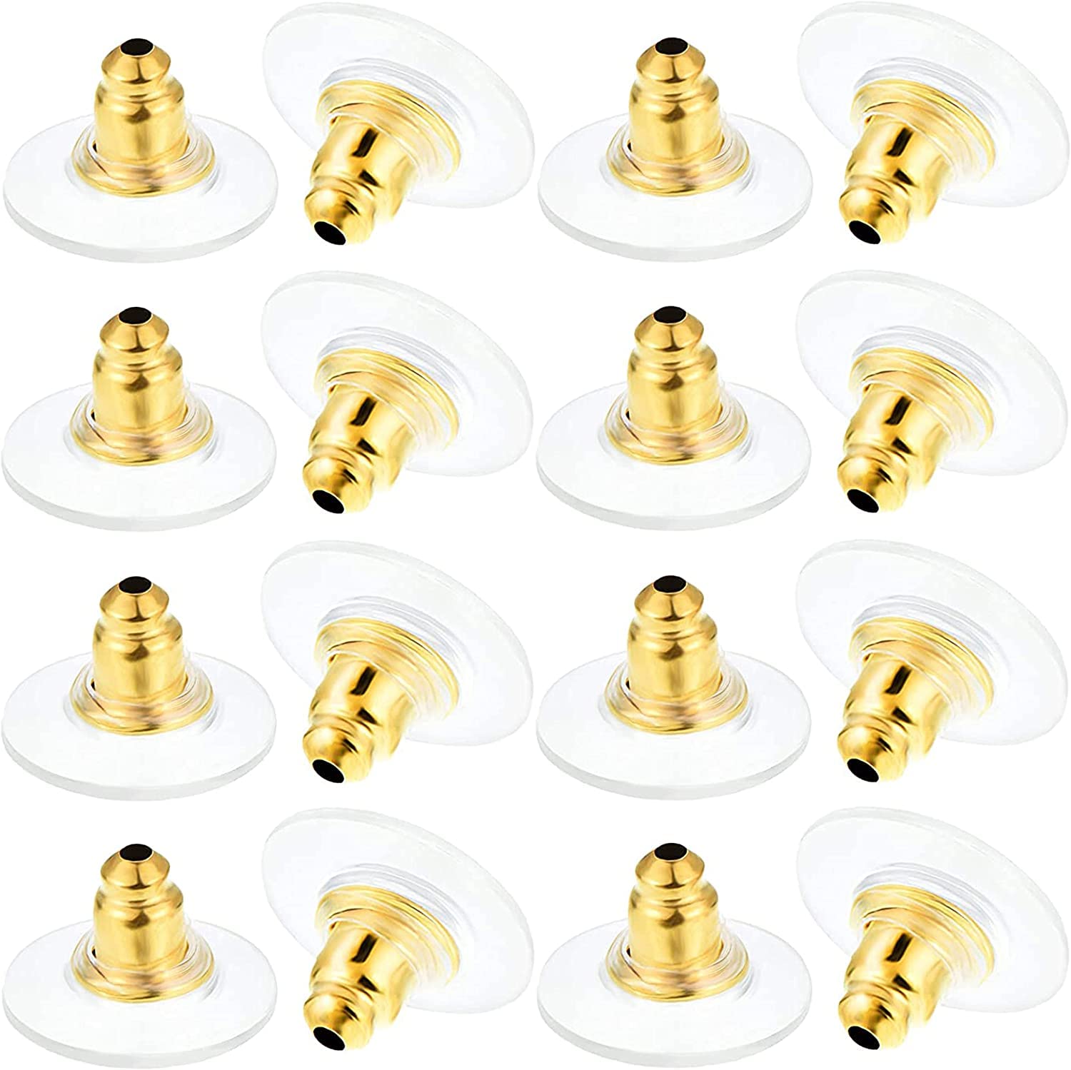 JL 50 Pcs Golden Bullet Clutch Earring Backs with Silicone Pad Earring Backings Studs, Studs with Pad Rubber Earring Stoppers, Flat Earring Backs (Gold)