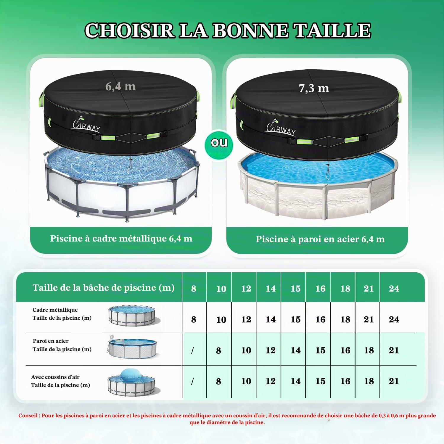 UIRWAY 640 cm Couverture de Piscine Ronde avec Bandes réfléchissantes, Couverture de Piscine pour piscines Hors Sol, Couverture Solaire incluant Une Corde d'attache et des Clous Lumineux au Sol