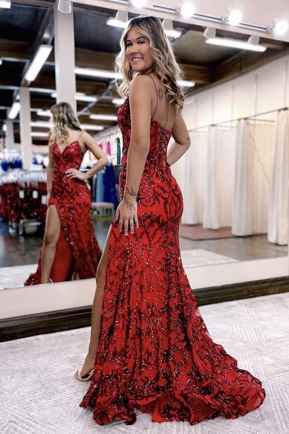 Xijun Women's Mermaid Sequin Prom Dress 2025 Teens Long Sparkly V Neck Slit Formal Evening Party Gown