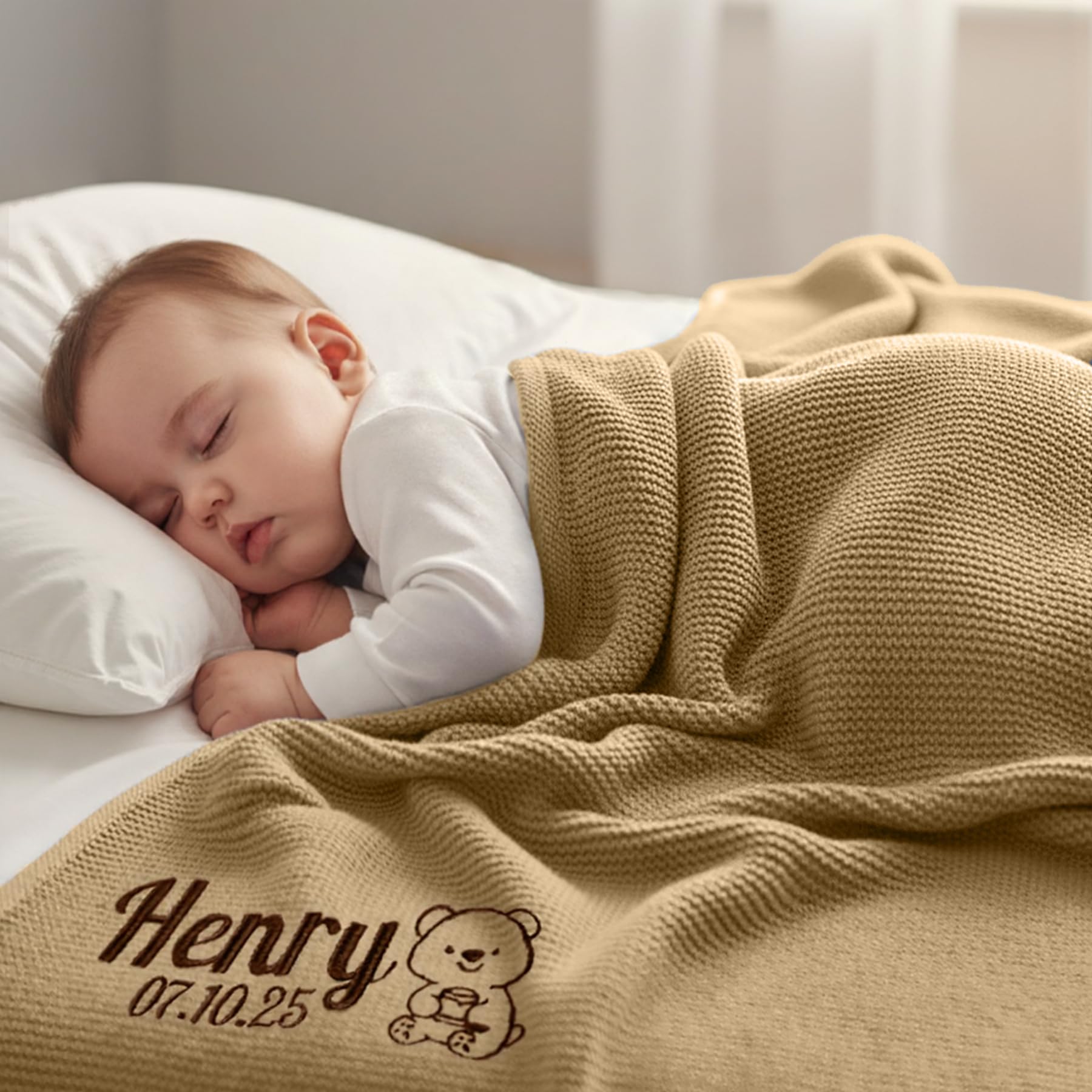 Stepdiy Custom Knit Blanket with Name for Baby Boys Girls, Personalised Embroidered Blanket for Newborn, 80x100cm Customised Blanket for Baby Shower Baby's First (Camel)