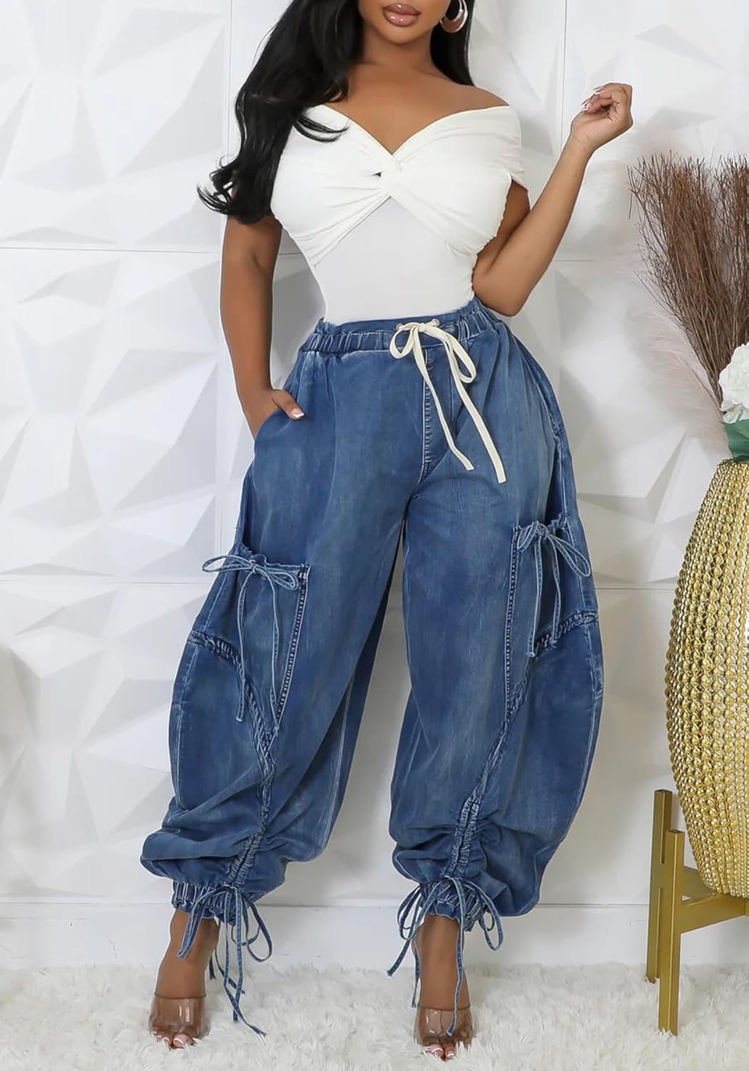 NRTHYE Women Baggy Cargo Jeans Joggers Drawstring High Waist Loose Harem Wide Leg Denim Pants Sweatpants with Pockets - Image 2