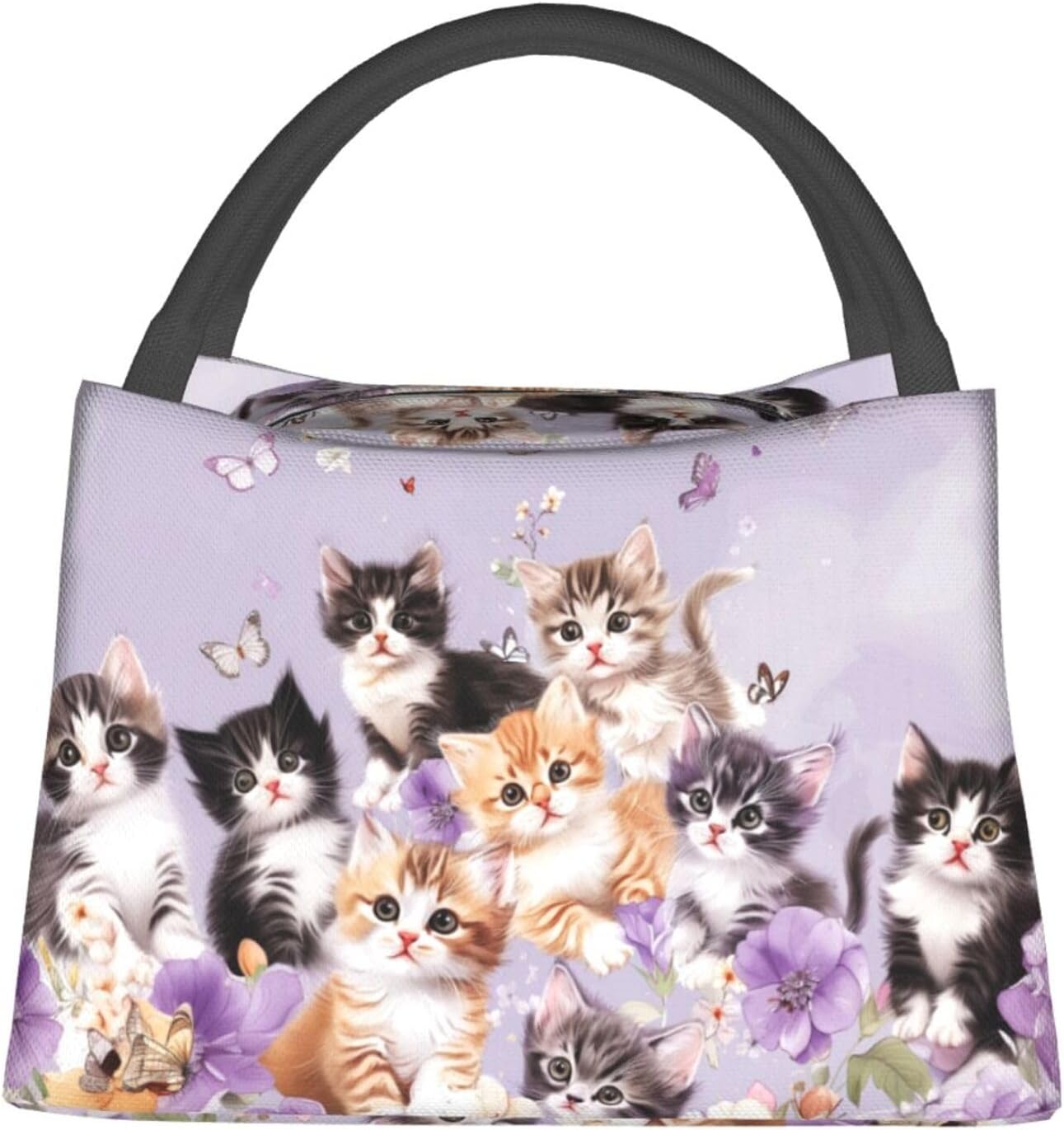 Cute Cat Floral Reusable Lunch Box, Kitten Flower Lunchbox for Girls Women, Insulated Lunchbag, 11in*6.3in*6.7in, Gifts Makeup Bag, Butterfly Portable Handbag for Picnic Travel Beach or Hiking