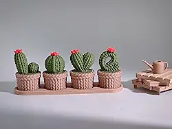 Conjunto Decorativo de Cactos, Verde e Rosa, 4 Vasos com Base, Estilo Love, Decoração para Casa