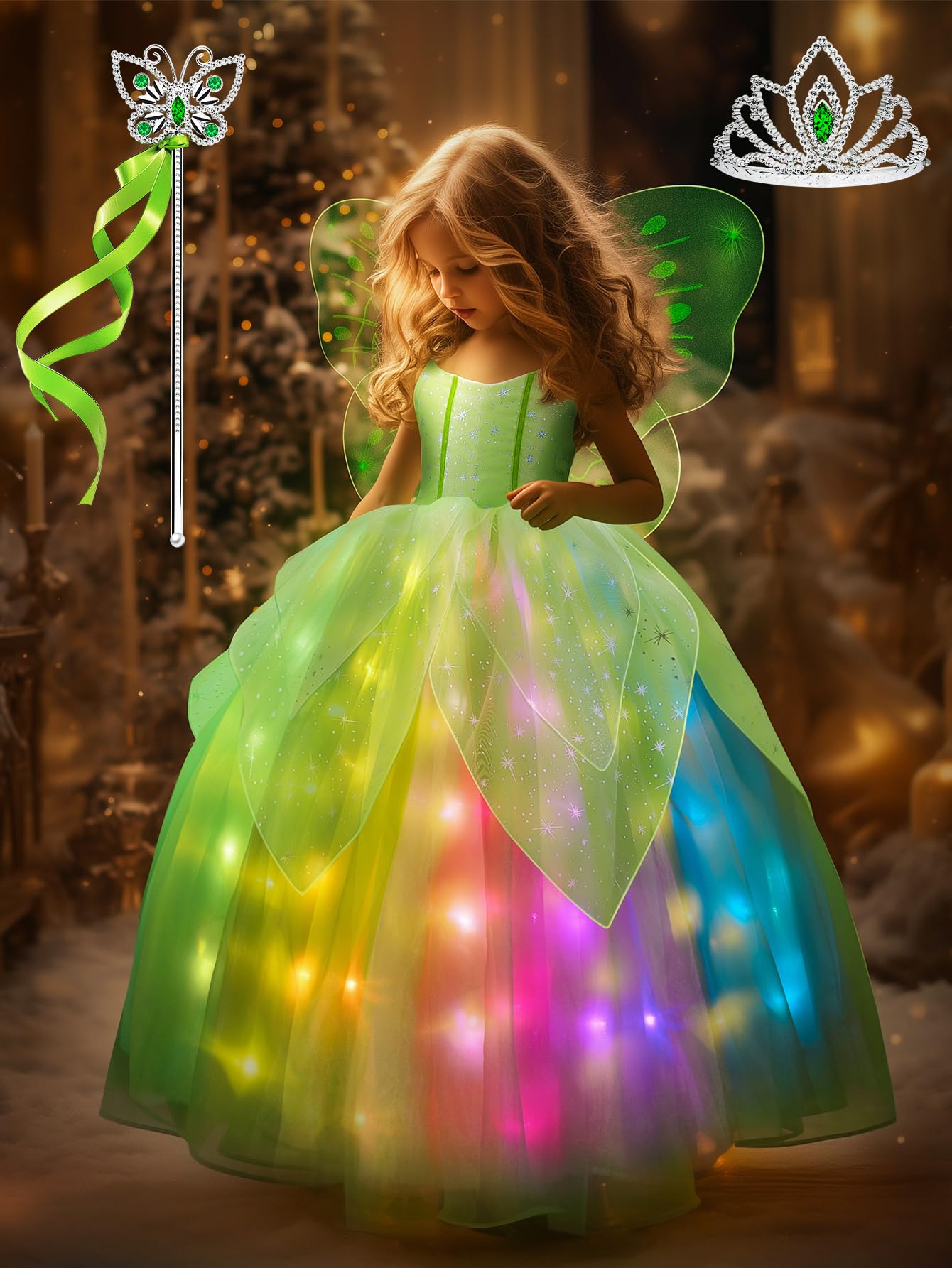 Light Up Girls Halloween Costume Toddler Fairy Dress & Wings Green Fairy Girls Costume Princess Ball Gown Kids