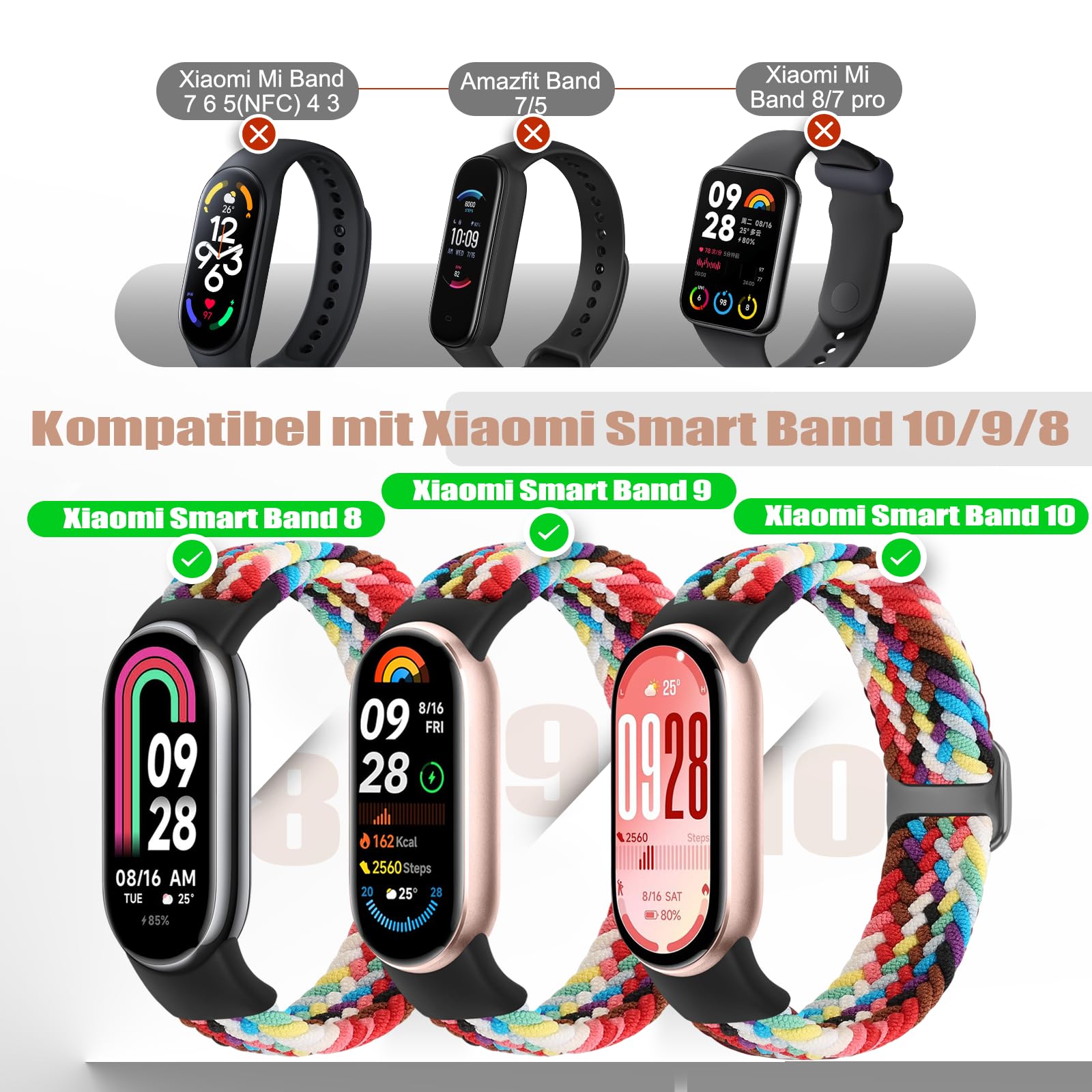 Geflochtenes Armband Kompatibel mit Xiaomi Smart Band 10/9/8, Elastisches Nylon Solo Loop Ersatzarmband für Damen Herren