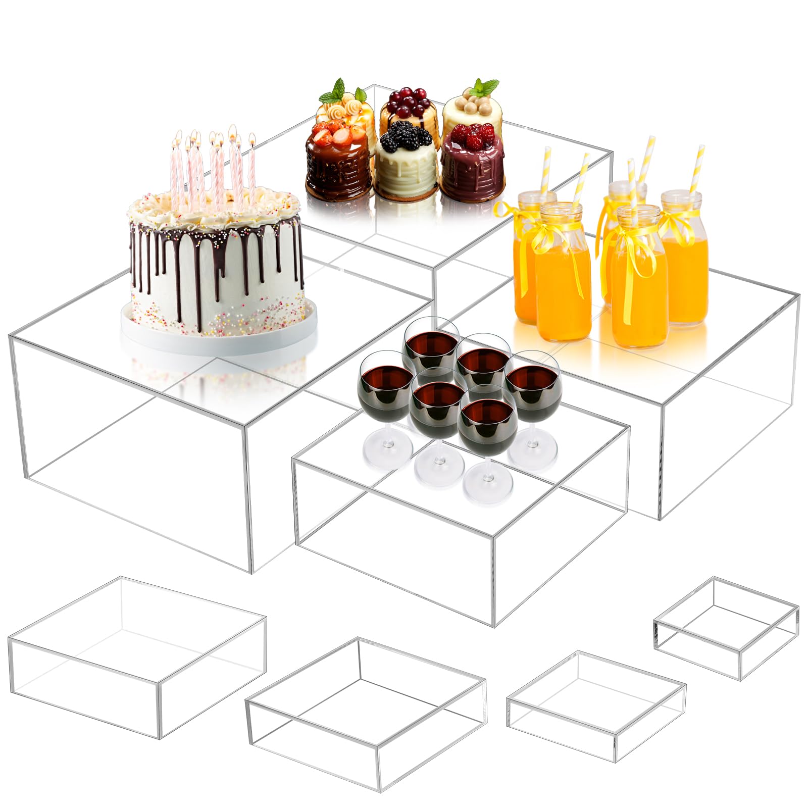Geelin 8 Pcs Acrylic Risers for Display Acrylic Cube Boxes Display Stands with Hollow Bottoms Acrylic Risers Acrylic Decorative Stand for Jewelry Display Candy Table Decor, 8 Sizes