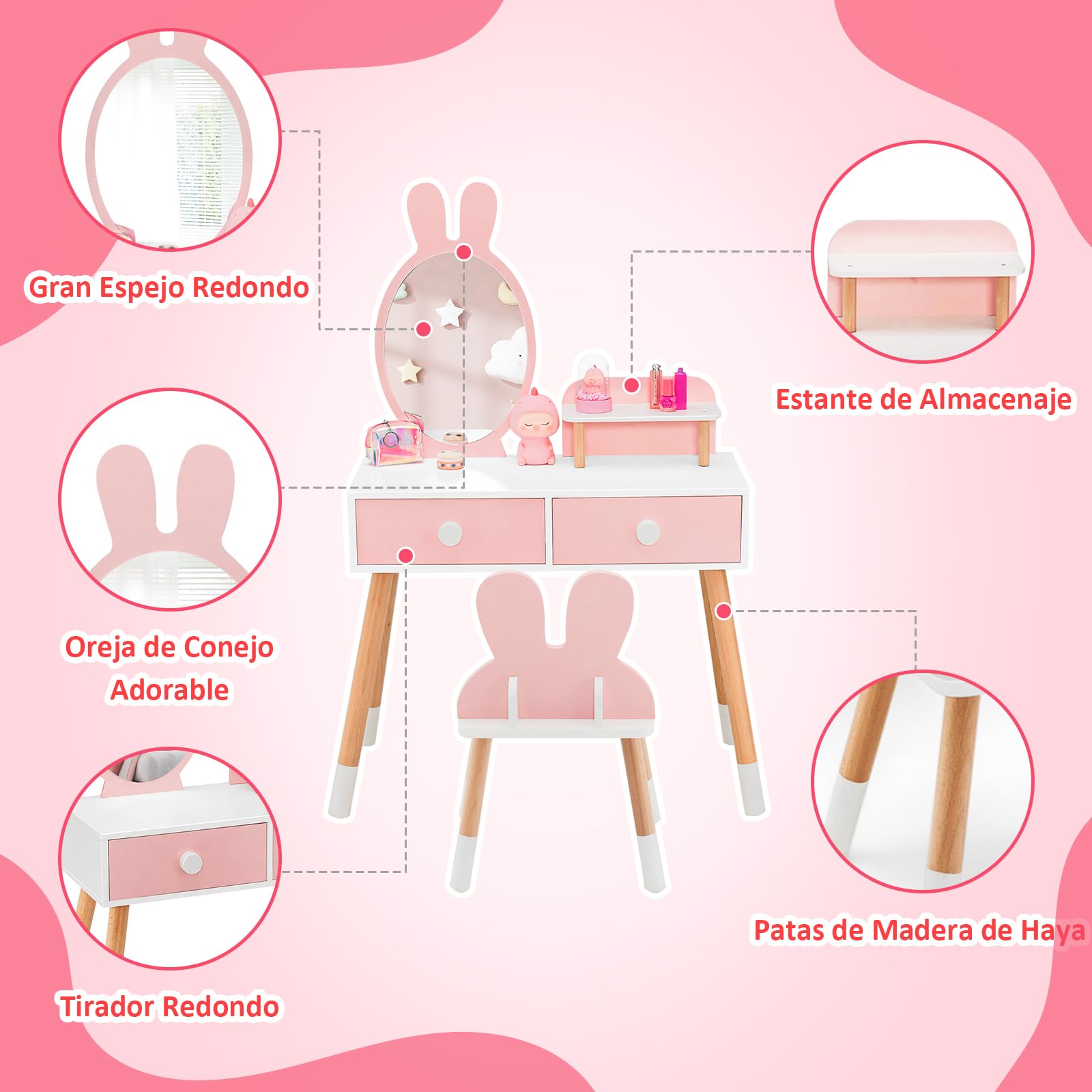 RELAX4LIFE 2 en 1 Tocador de Maquillaje para Niña con Espejo Extraíble y Taburete, Tocador Niña con 2 Cajones y 3 Accesorios, Maquillaje Niñas, Tocador Infantil de Madera para Niños 3-7 Años (Rosa)
