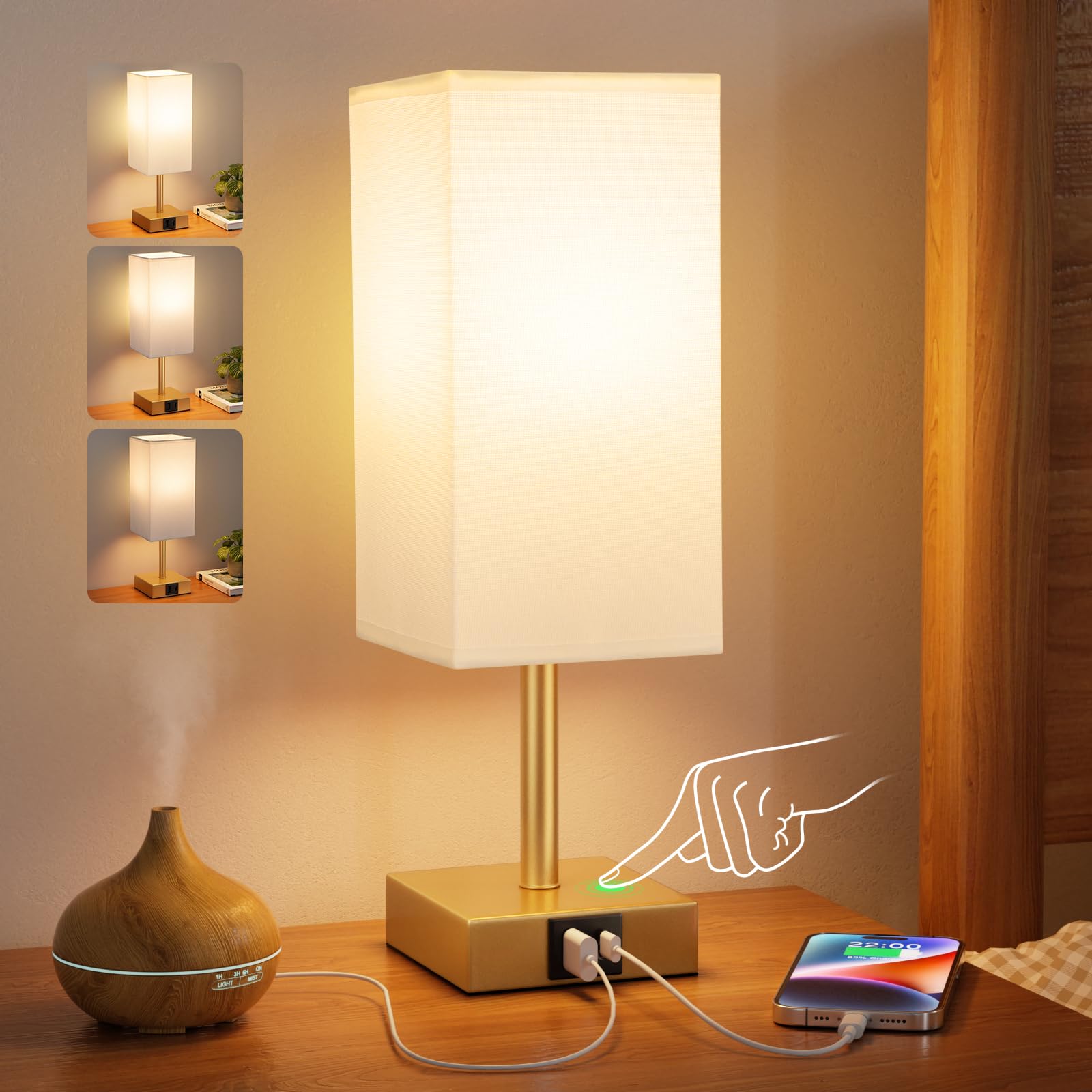 Aooshine Gold Touch Lamp, Touch Lamps Bedside with USB C+A Charging Ports, White Linen Shade(Bulb Included)