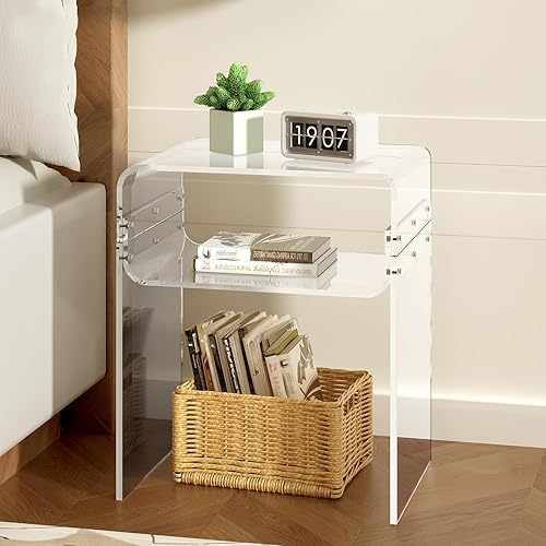 Joogto Mesa auxiliar acrílica, mesa auxiliar de acrílico transparente de 2 niveles con soporte de acero inoxidable, mesita de noche acrílica junto a