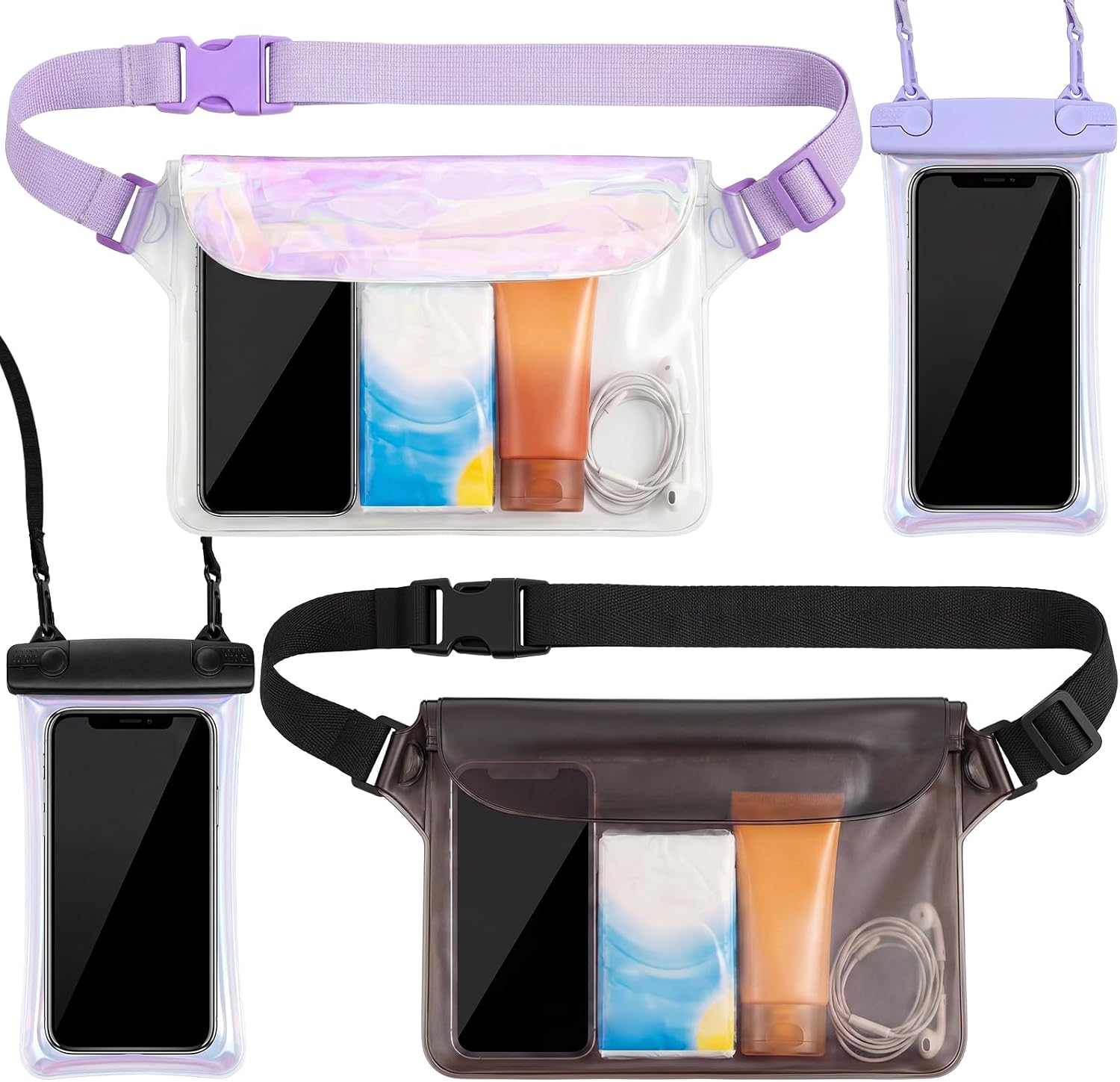4 Pcs Waterproof Fanny Pack Phone Pouch Dry Bag for Passport Wallet Purse Waterproof Waist Bags with Phone Cases for Snorkeling Beach Cruise Kayaking Pool Swimming(Black, Purple)