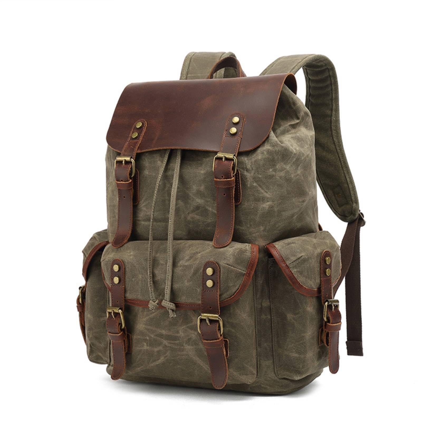 Zaino da Viaggio in Tela Cerata Zaino Borsa Sacca Rucksack Robusto con Scomparto Principale a Coulisse con Cinturini Spallacci Comodi E Manico, Array, Verde Militare