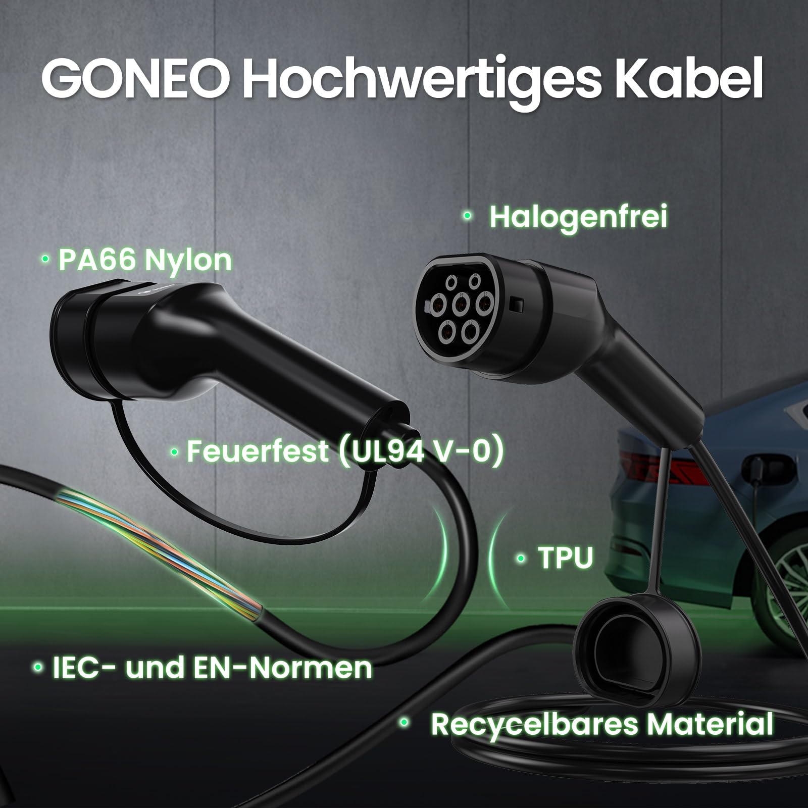 GONEO Typ 2 Ladekabel 11kW 5M 16A Ladekabel Elektroauto 3 Phasig für E Auto EV/PHEV Mode 3 mit Tasche Geeignet für Model S/3/X/Y e-Golf ID.3 i3/i8
